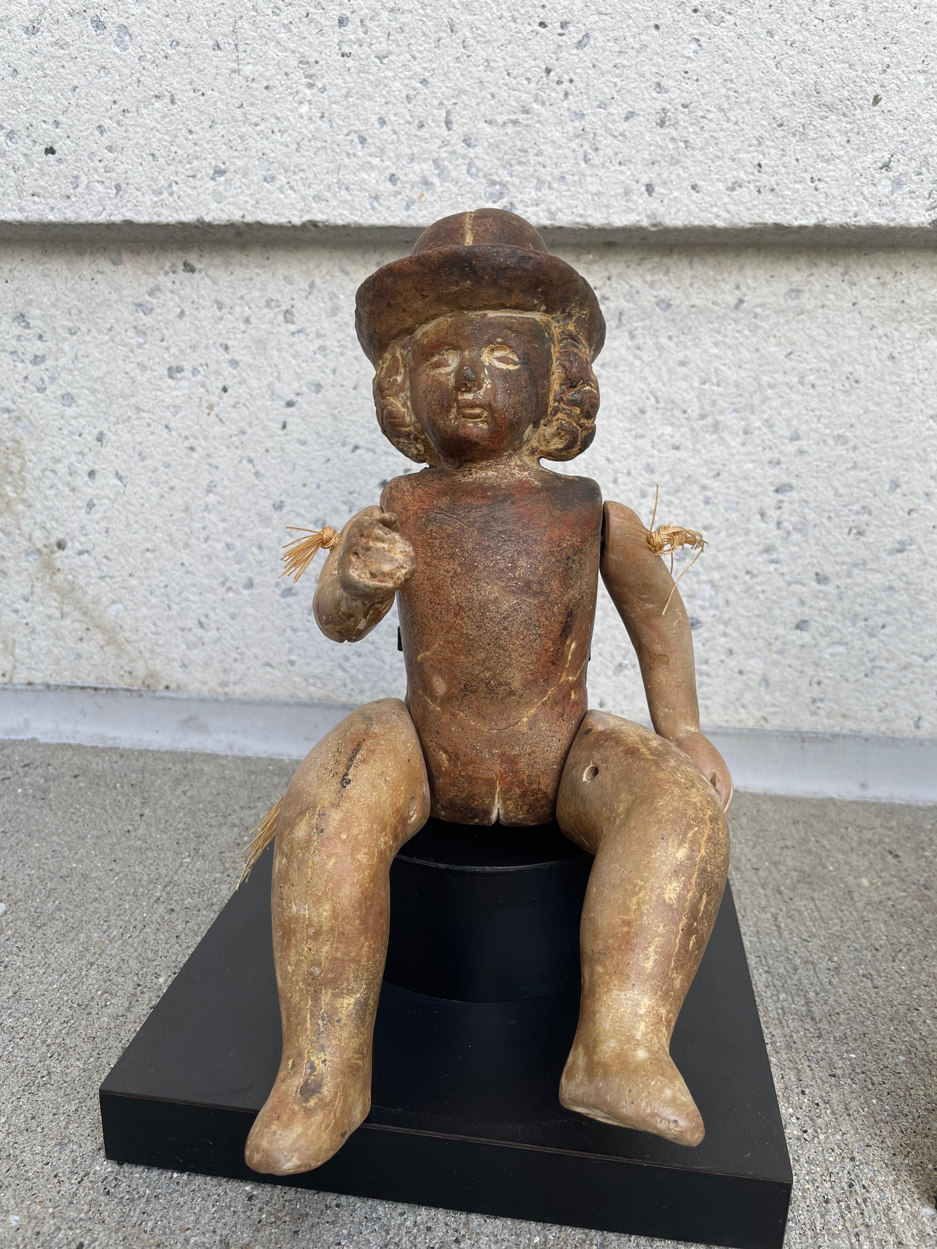 Folk Art Terracotta Articulated Doll Santos Figure Wearing a Bowler Hat For Sale