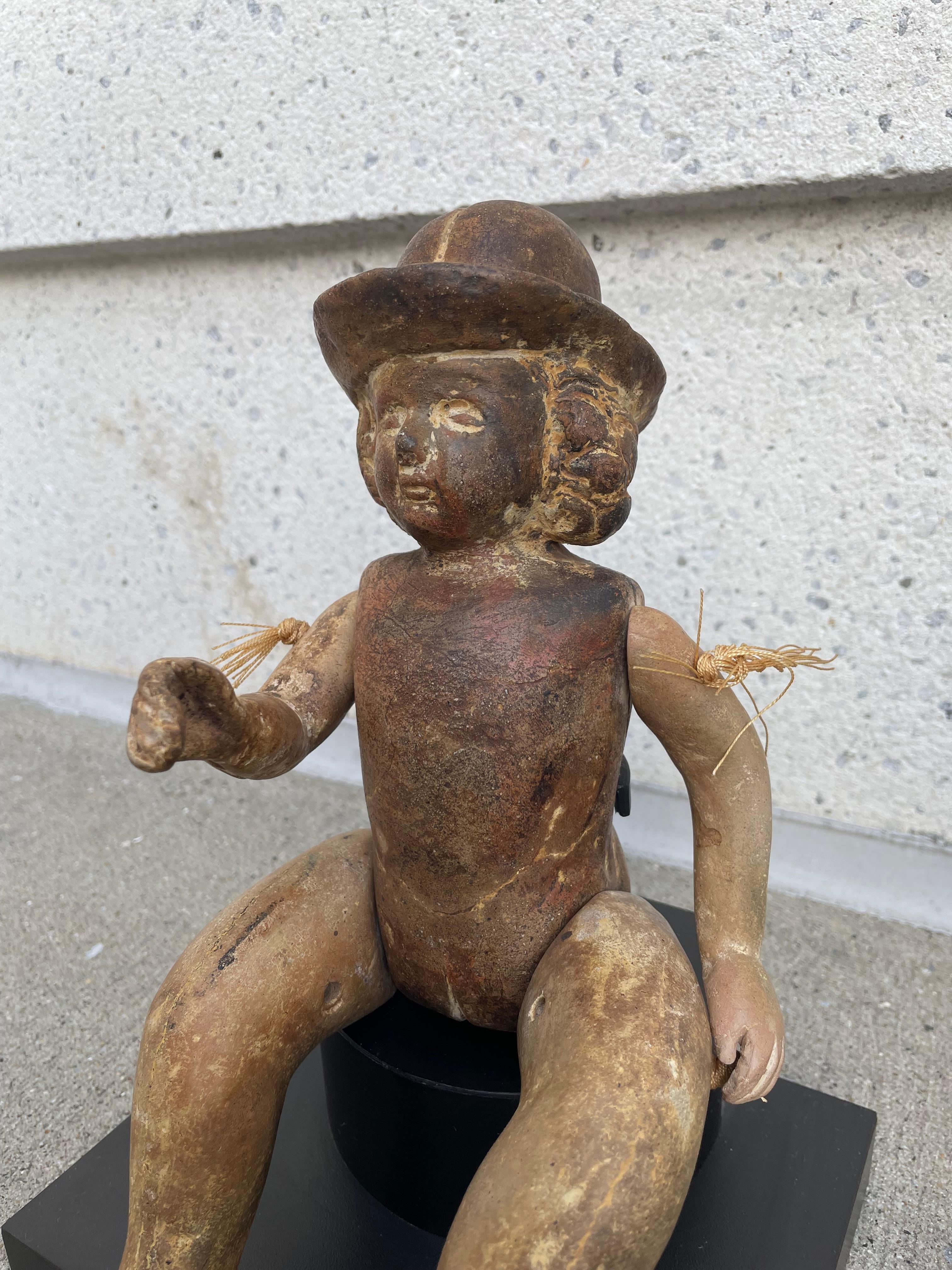 Mexican Terracotta Articulated Doll Santos Figure Wearing a Bowler Hat For Sale