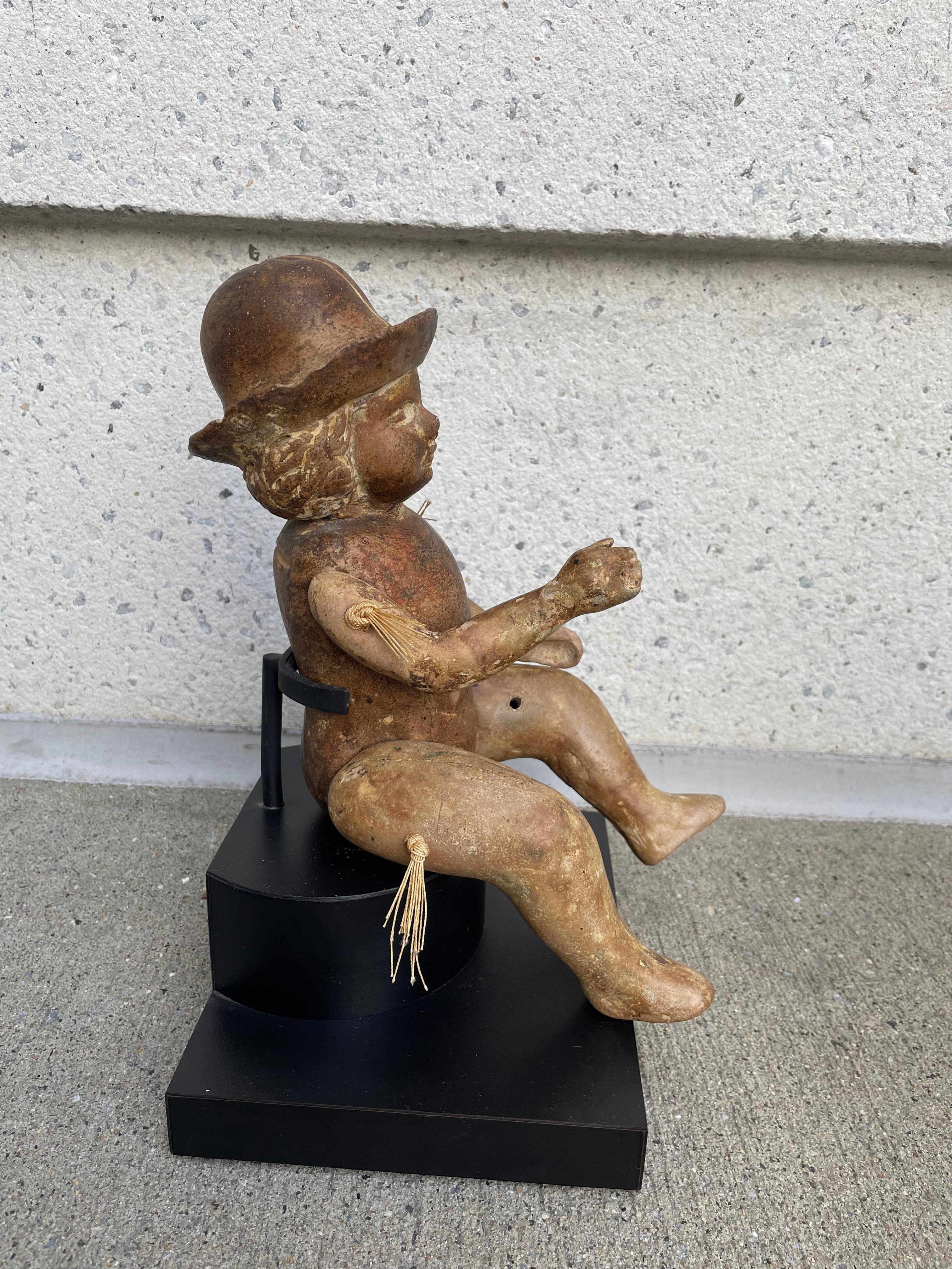 Terracotta Articulated Doll Santos Figure Wearing a Bowler Hat In Good Condition For Sale In Stamford, CT