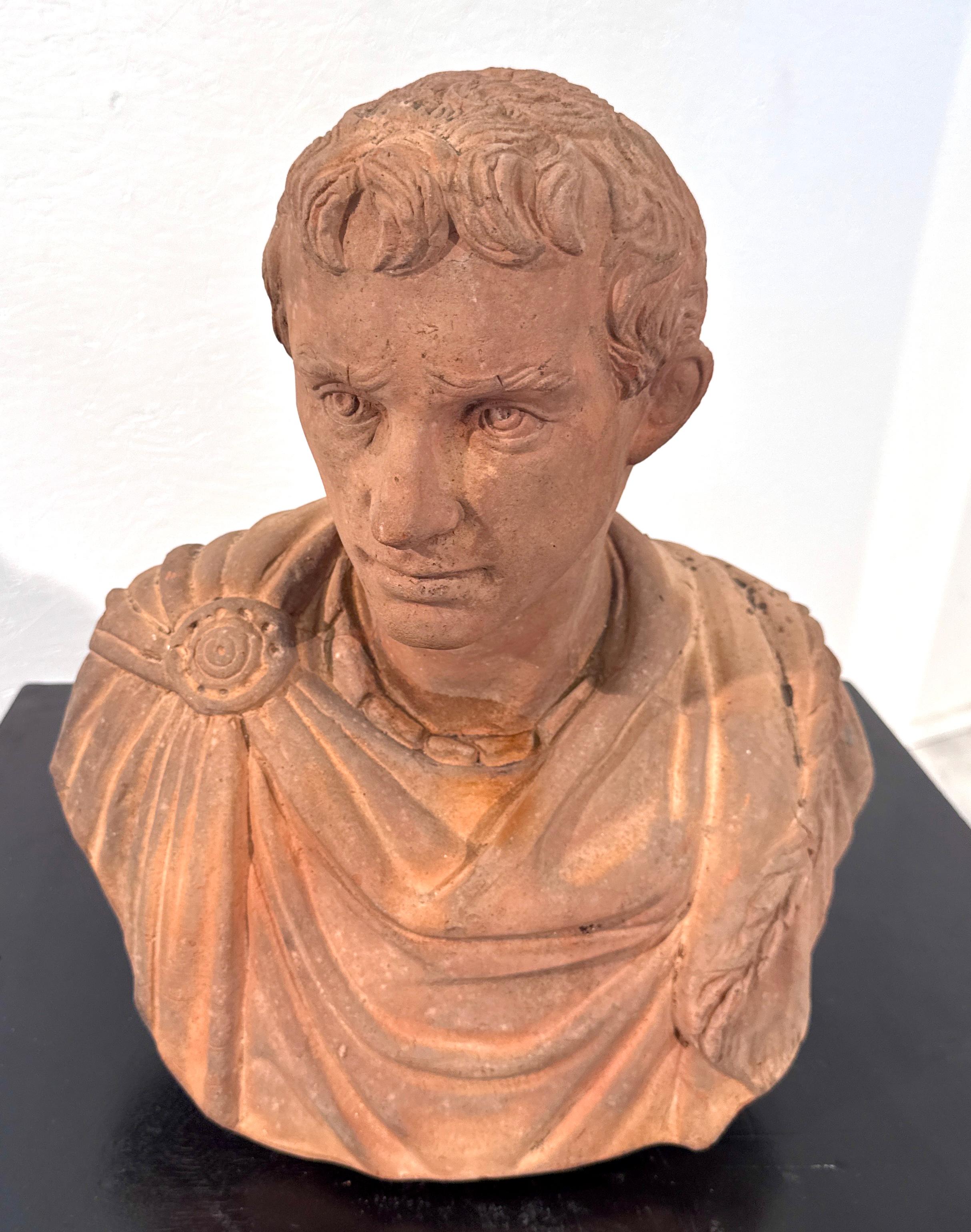 Este busto de terracota, finamente elaborado, representa una figura al estilo del antiguo retrato romano. El sujeto aparece con rizos cortos y texturados, expresión solemne y manto drapeado sujeto al hombro con un broche decorativo. Los pliegues