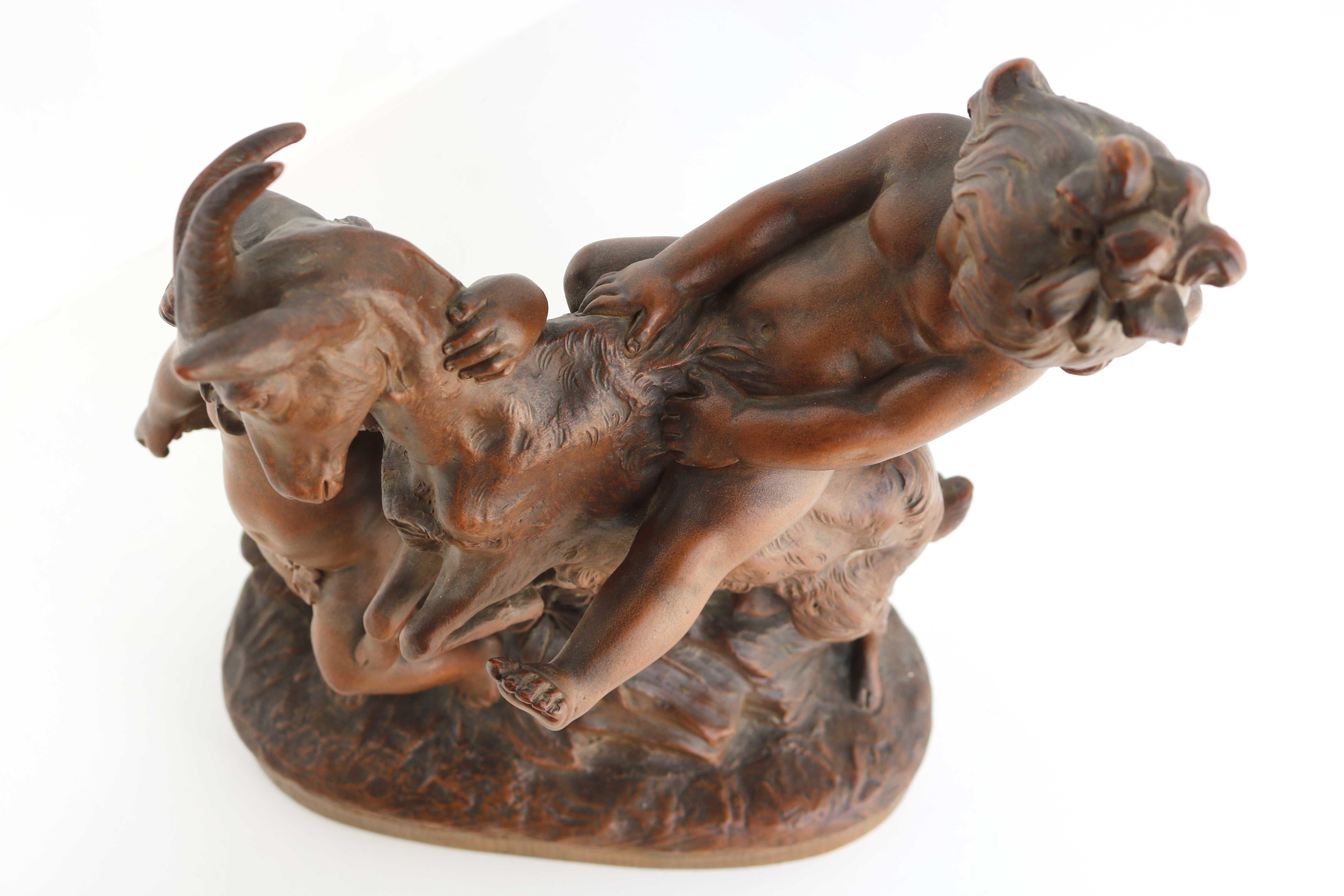 Early 20th Century Terracotta Sculpture Boy & Girl Playing with Goat After Pietro Balestra, 1900s For Sale