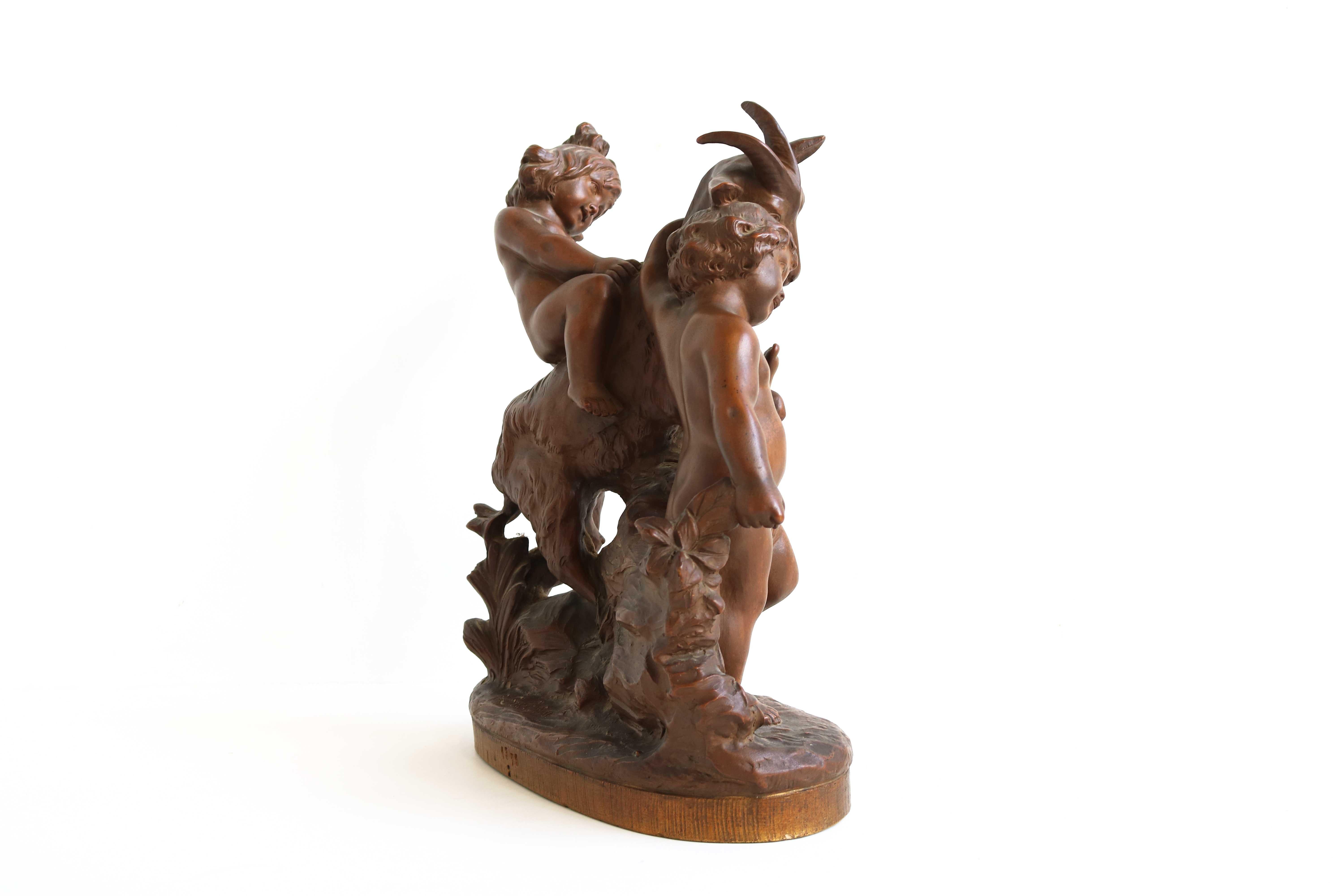 Terracotta Sculpture Boy & Girl Playing with Goat After Pietro Balestra, 1900s For Sale 7