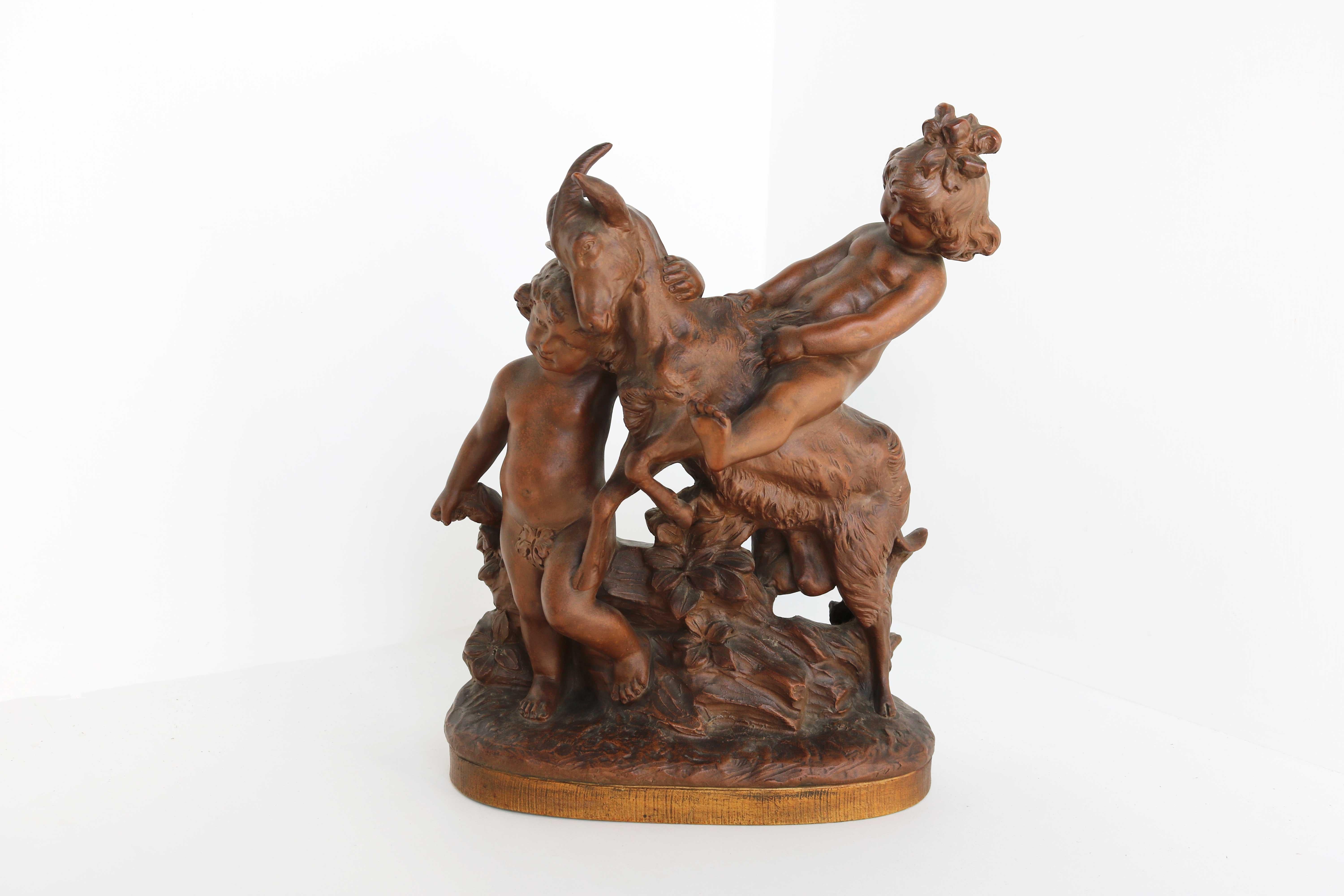 Art Nouveau Terracotta Sculpture Boy & Girl Playing with Goat After Pietro Balestra, 1900s For Sale