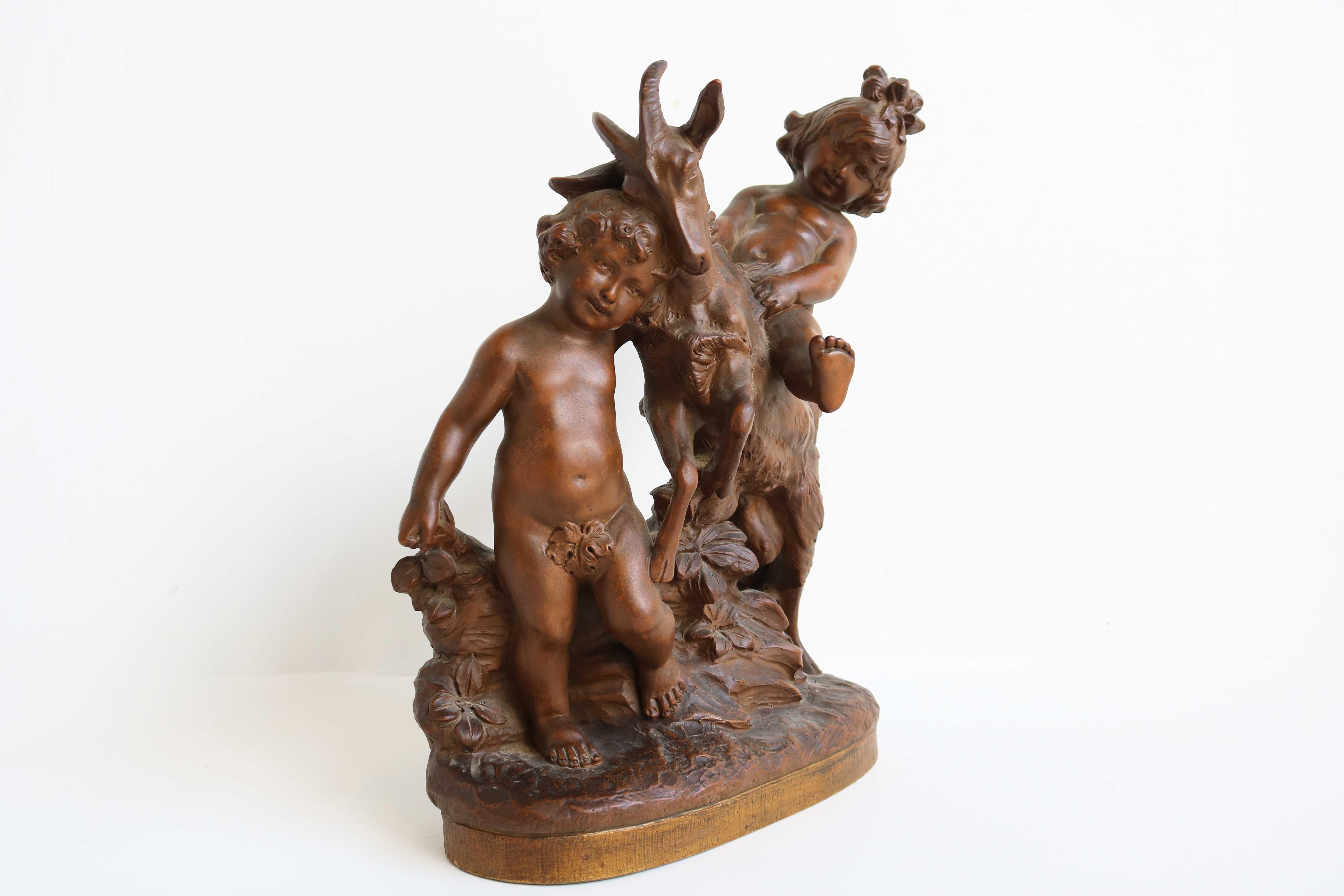Hand-Crafted Terracotta Sculpture Boy & Girl Playing with Goat After Pietro Balestra, 1900s For Sale
