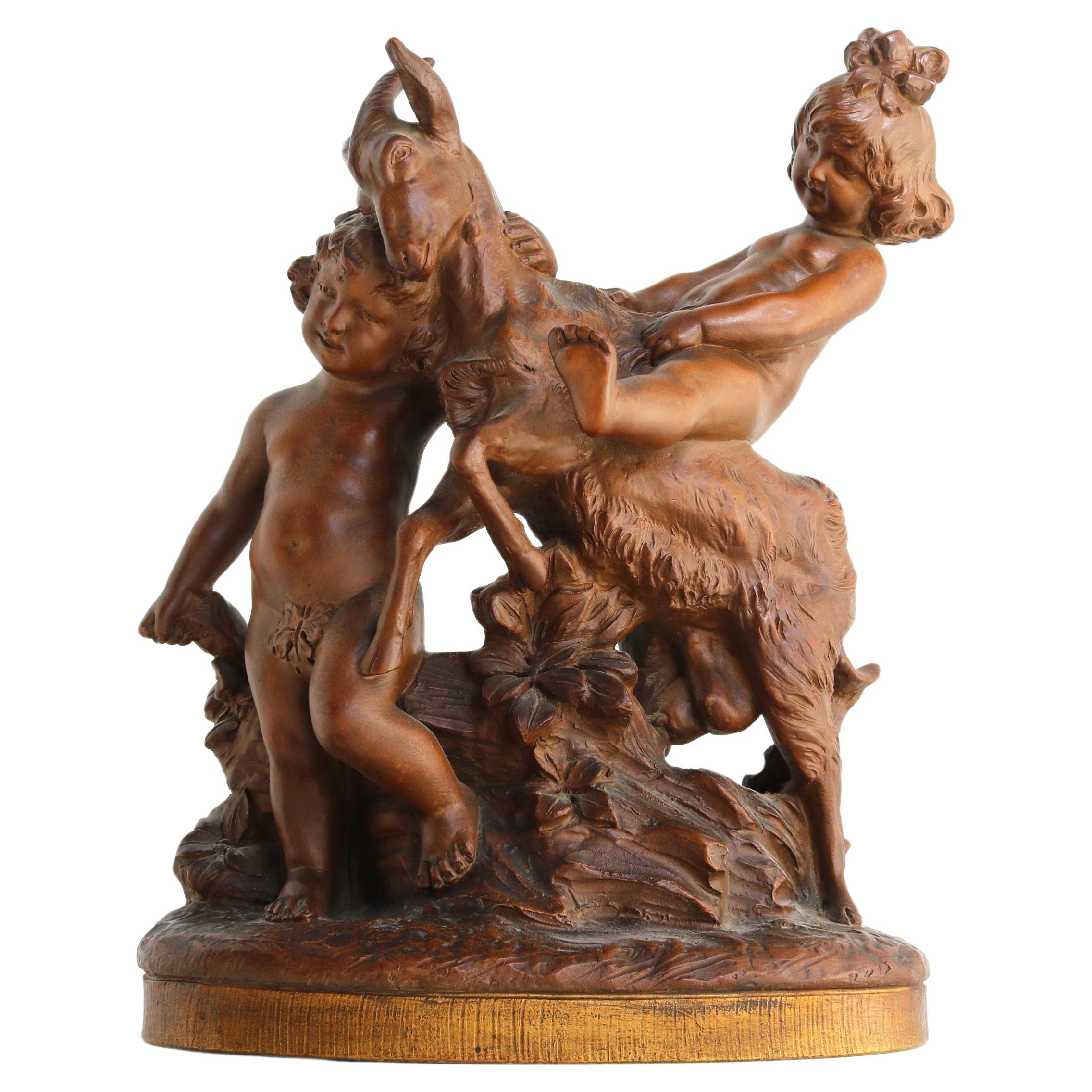 Terracotta Sculpture Boy & Girl Playing with Goat After Pietro Balestra, 1900s For Sale