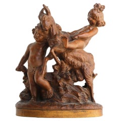 Antique Terracotta Sculpture Boy & Girl Playing with Goat After Pietro Balestra, 1900s