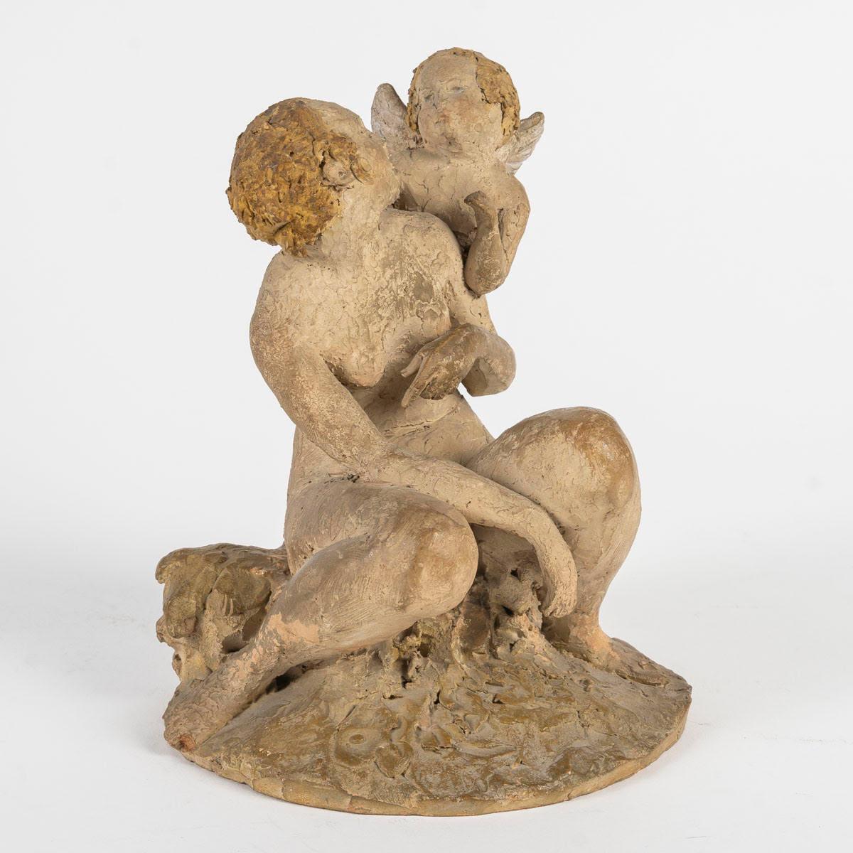 French Terracotta Sculpture by Arry Bitter, Love and Cupid. For Sale