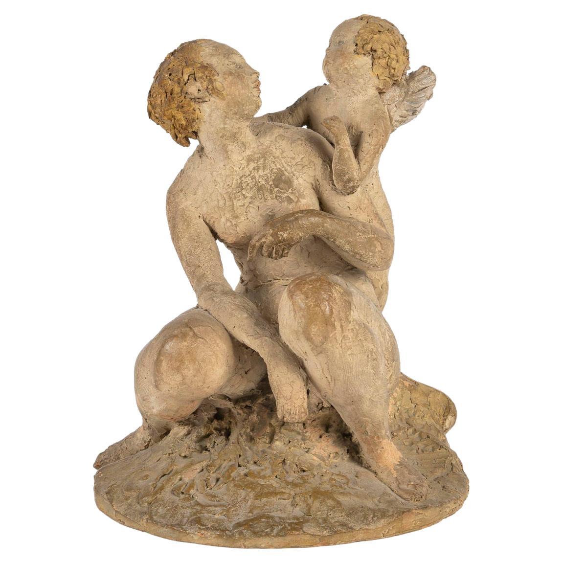 Terracotta Sculpture by Arry Bitter, Love and Cupid. For Sale
