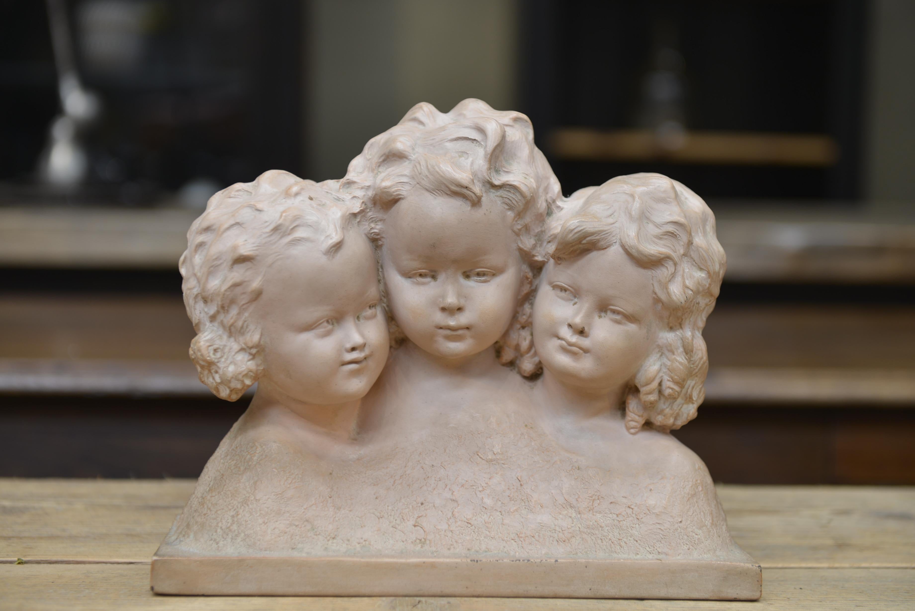 Terracotta Sculpture 3 children Signed by French Sculptor GEORGES GORI circa 1930 no 664 and 