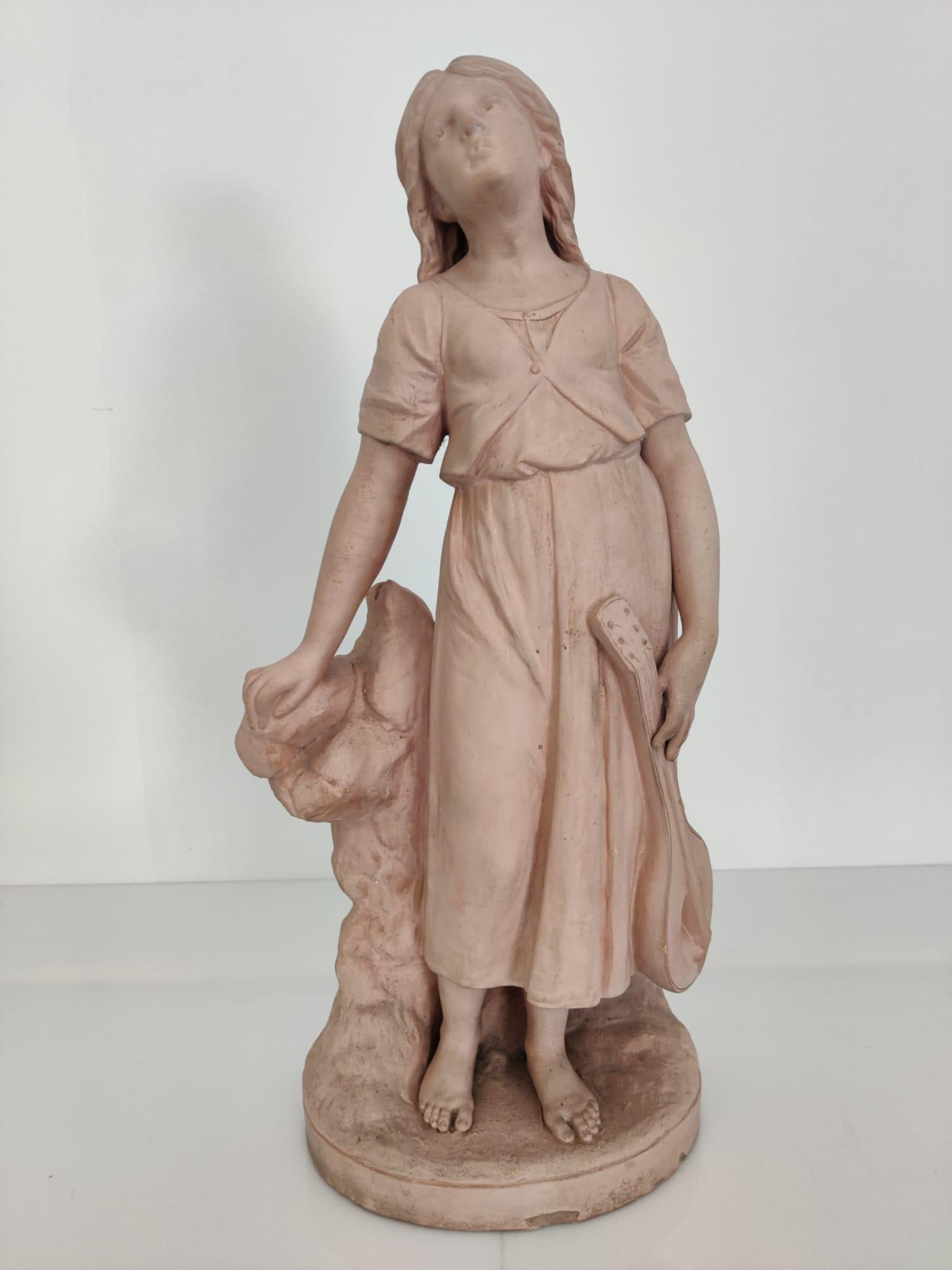 Terracotta sculpture girl with a mandolin attributed to Vallmitjana For Sale 7
