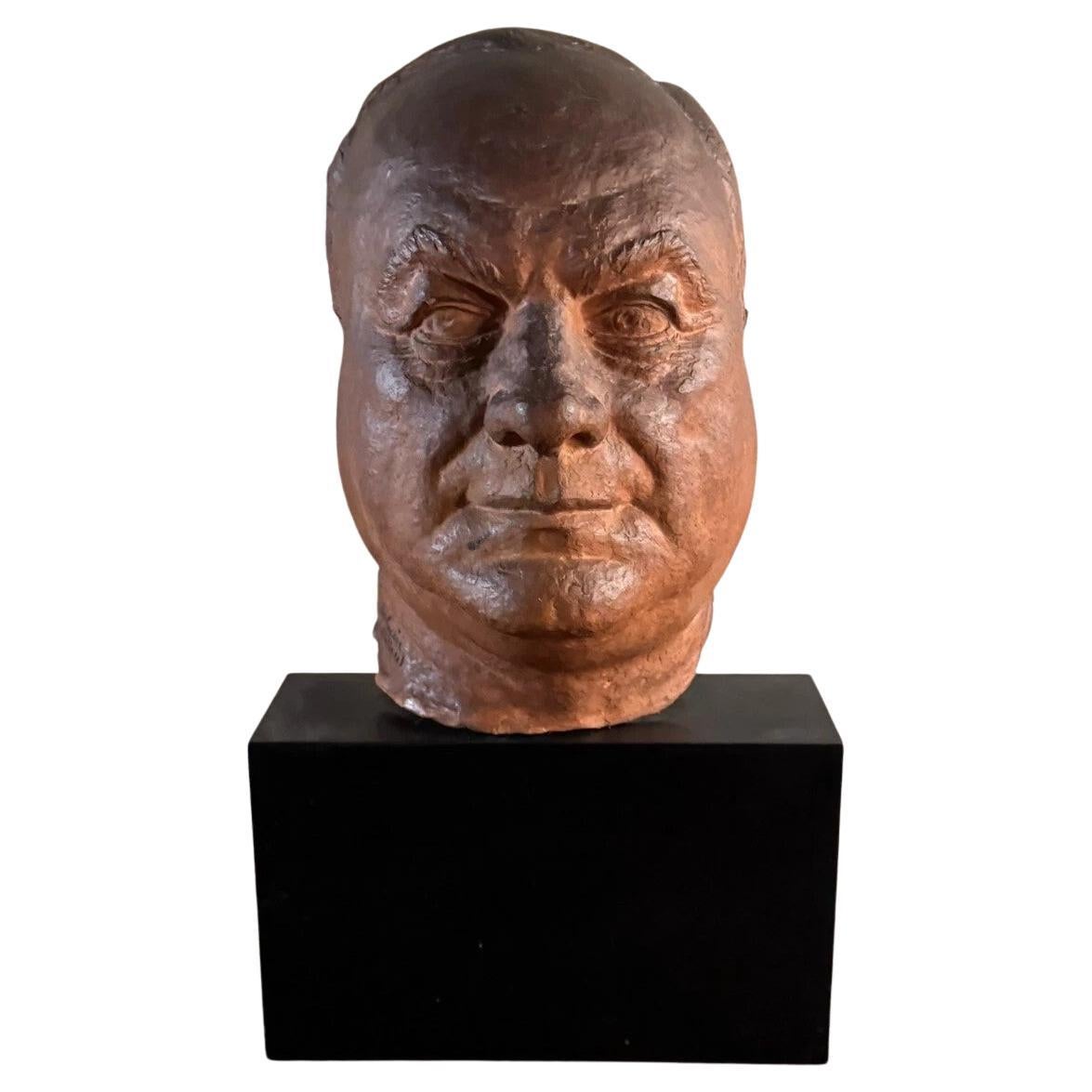 Terracotta Sculpture – Male Mask on Black Marble Base by Charles Filleul – 20th
