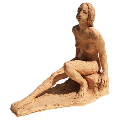 Terracotta Sculpture of a Nude Woman Reclining 20th Century Signed