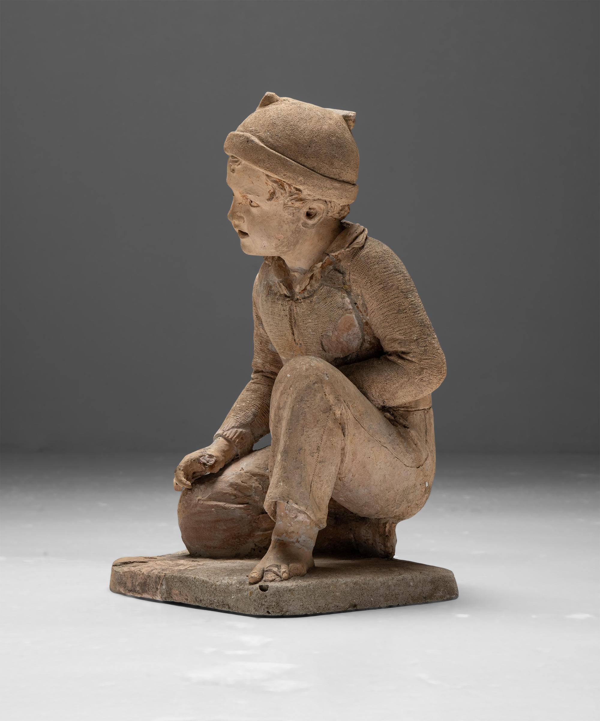 Mid-19th Century Terracotta Sculpture of a Young Fisherman, France 1858