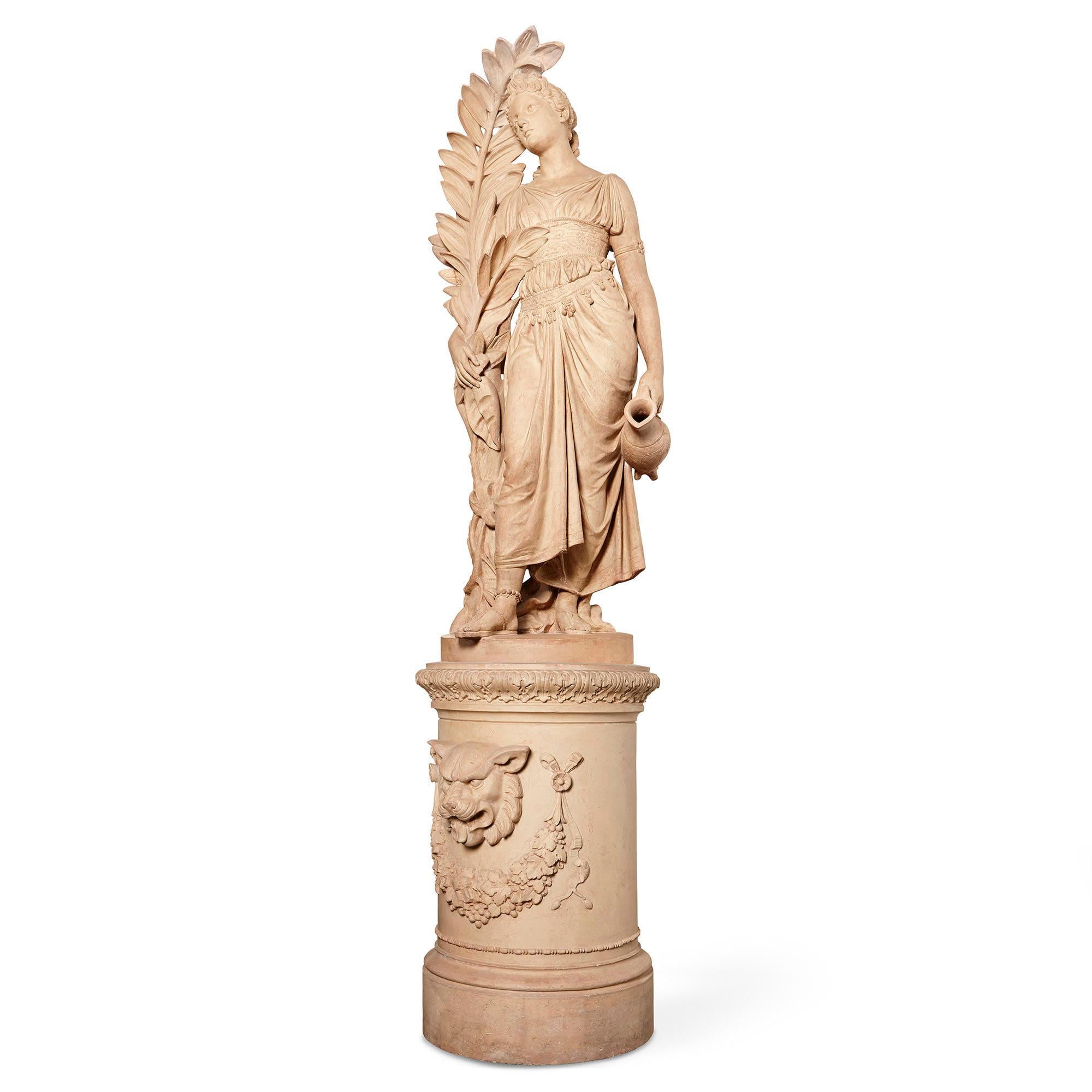 This life-sized terracotta sculpture of the classical Greek figure, Hebe, is a truly beautiful piece. Daughter of Zeus and Hera, Hebe was the goddess of youth, and cupbearer to the Olympian gods. Hebe is represented as a beautiful young woman in a
