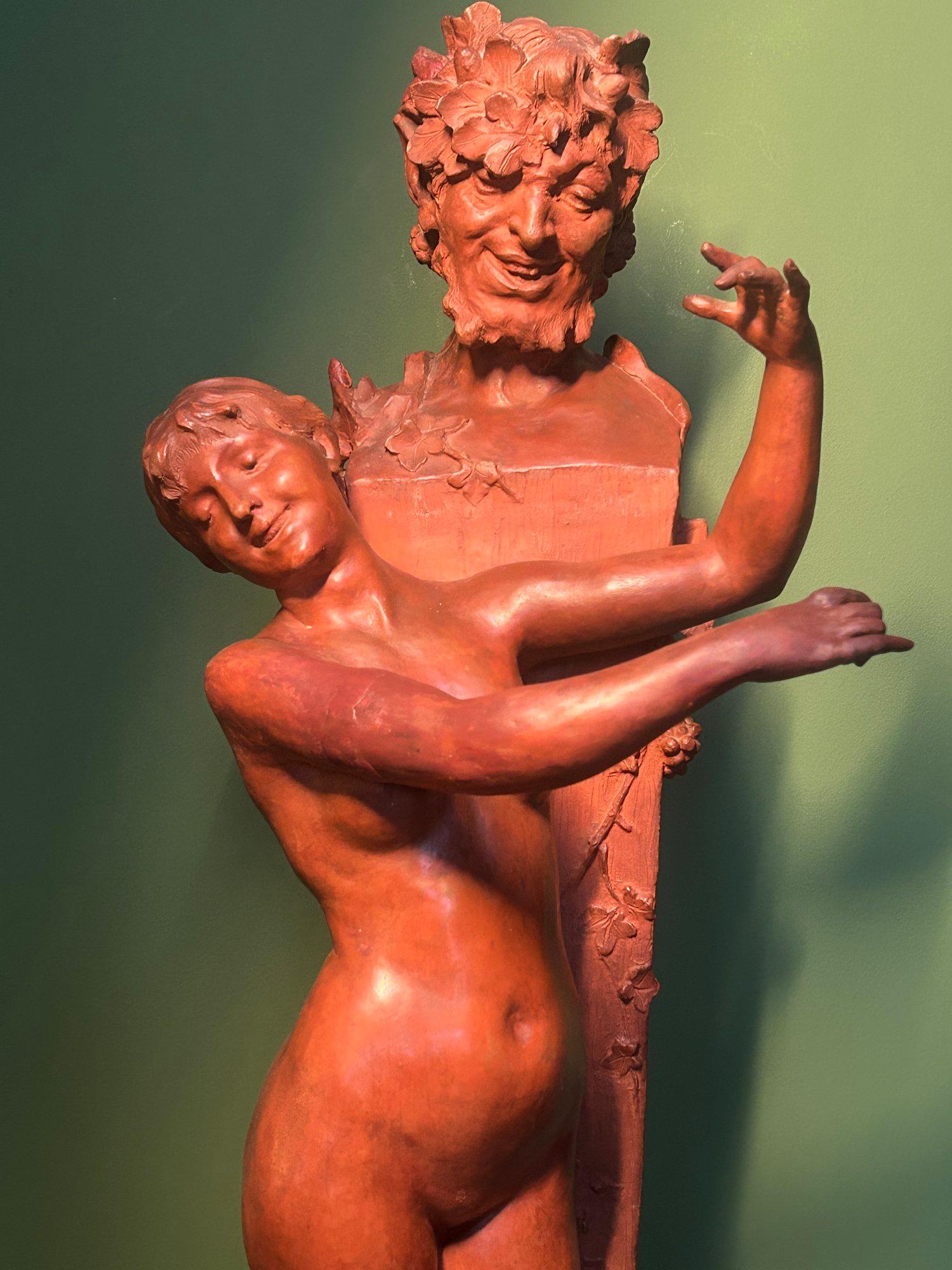 Art Nouveau Scultura in terracotta di Ninfa e Dio Pan (Satiro) di Dominique Van Den Bossche in vendita