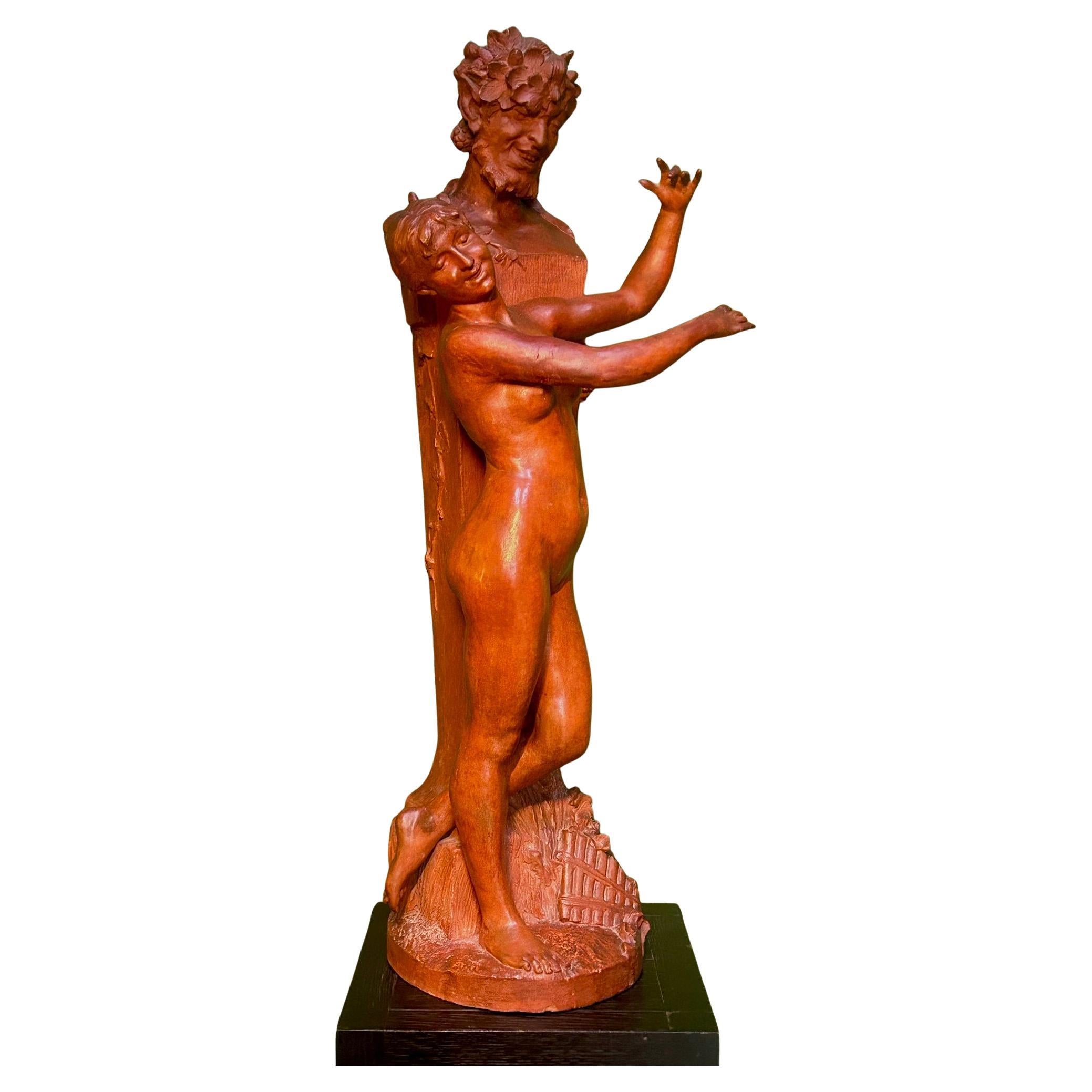 Scultura in terracotta di Ninfa e Dio Pan (Satiro) di Dominique Van Den Bossche in vendita
