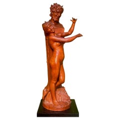 Terracotta Sculpture of Nymph & The God Pan (Satyr) by Dominique Van Den Bossche