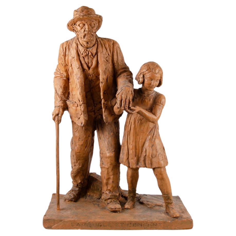 Terracotta sculpture "The Blind Man and the Child" signed Louis Botinelly