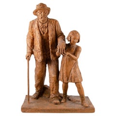 Vintage Terracotta sculpture "The Blind Man and the Child" signed Louis Botinelly