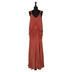 Terracotta silk and silk chiffon evening dress with beaded-work 