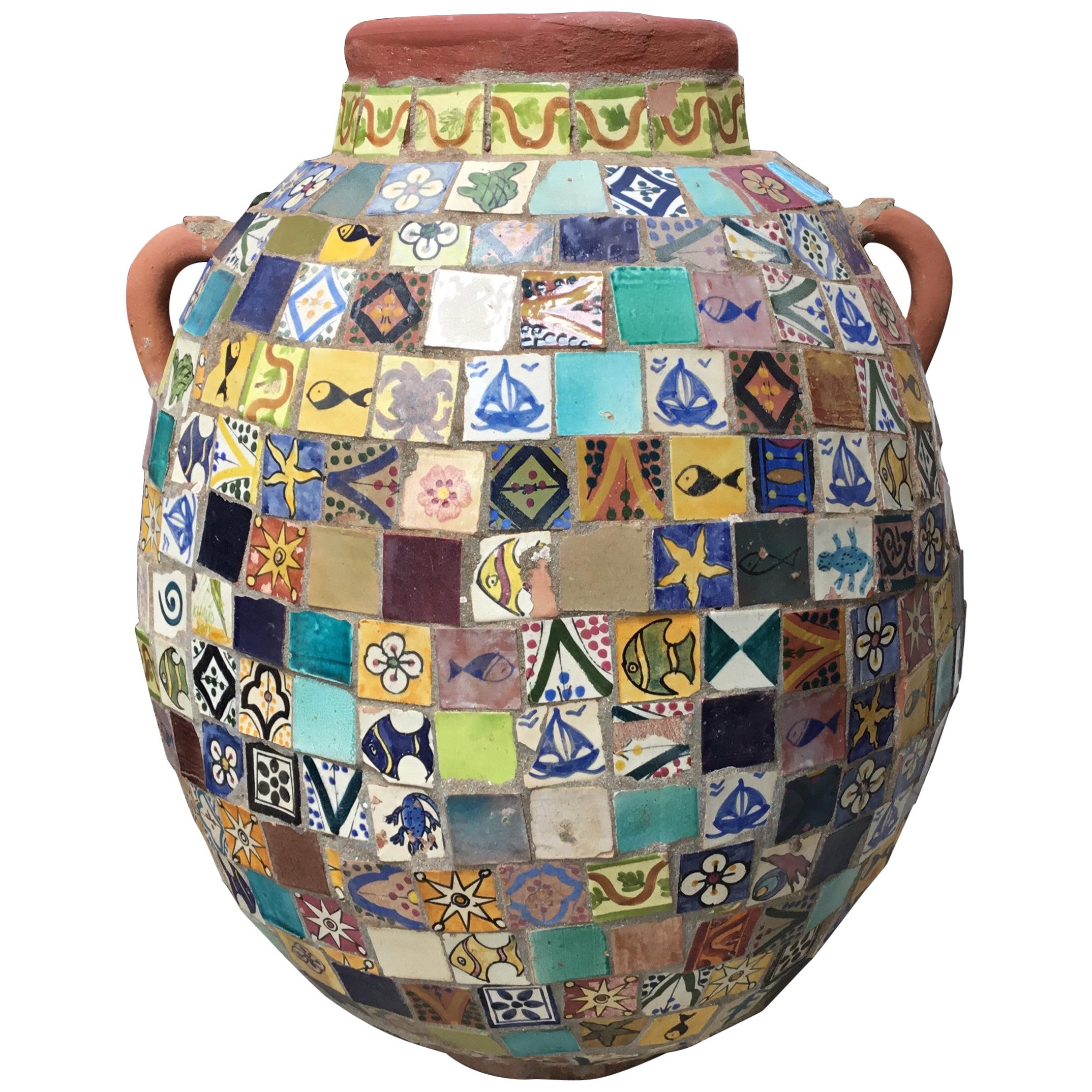 Terracotta Single Garden Vase Urn with Ceramic Tile Mosaic