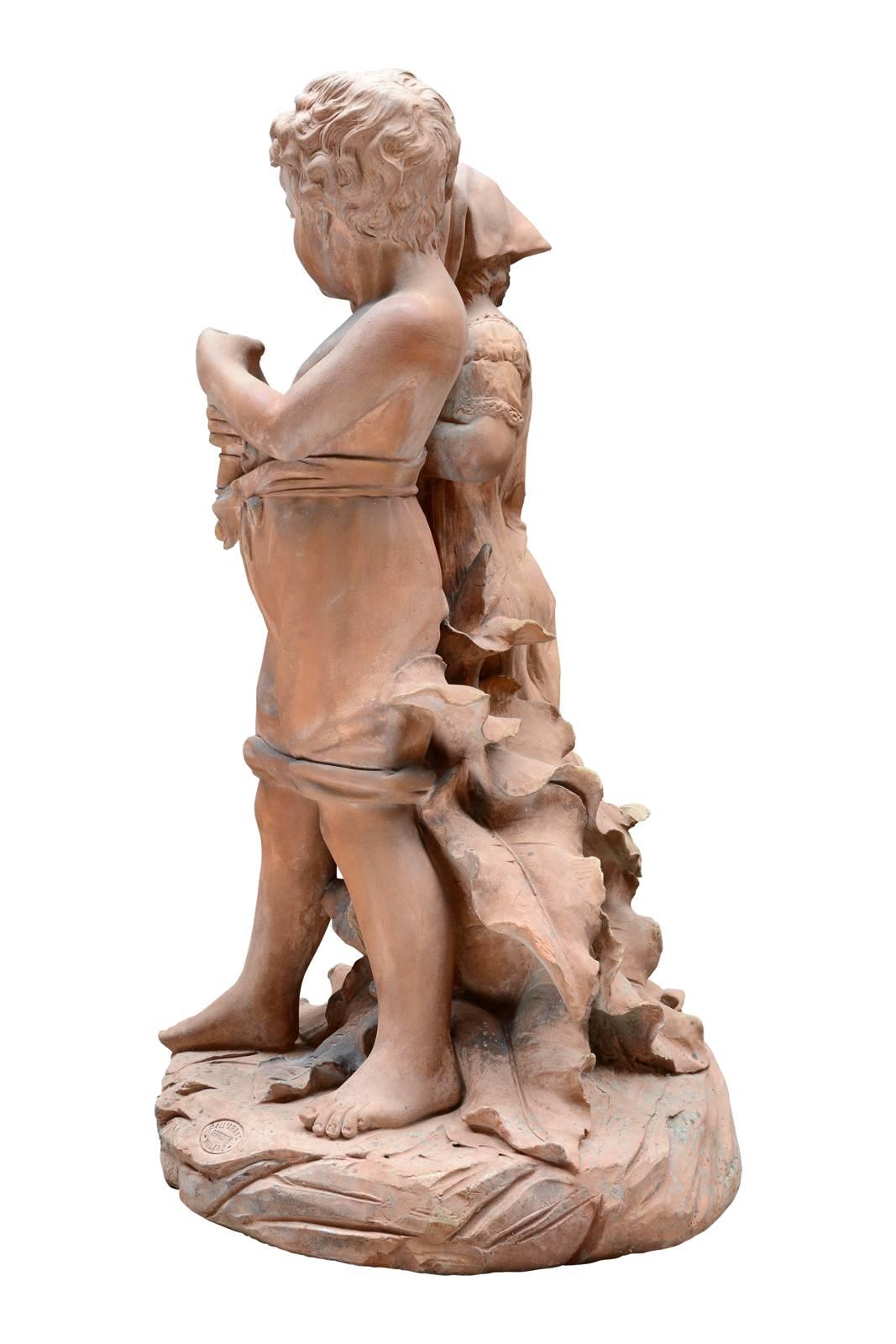 Belle Époque Terracotta Statue Depicting Two Children, 19th Century
