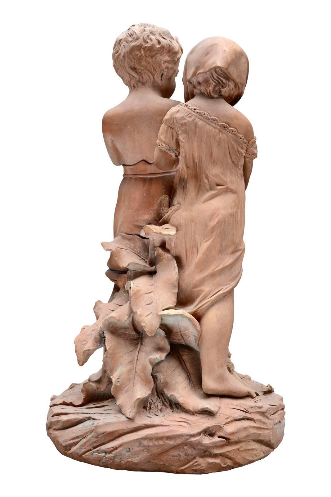 French Terracotta Statue Depicting Two Children, 19th Century