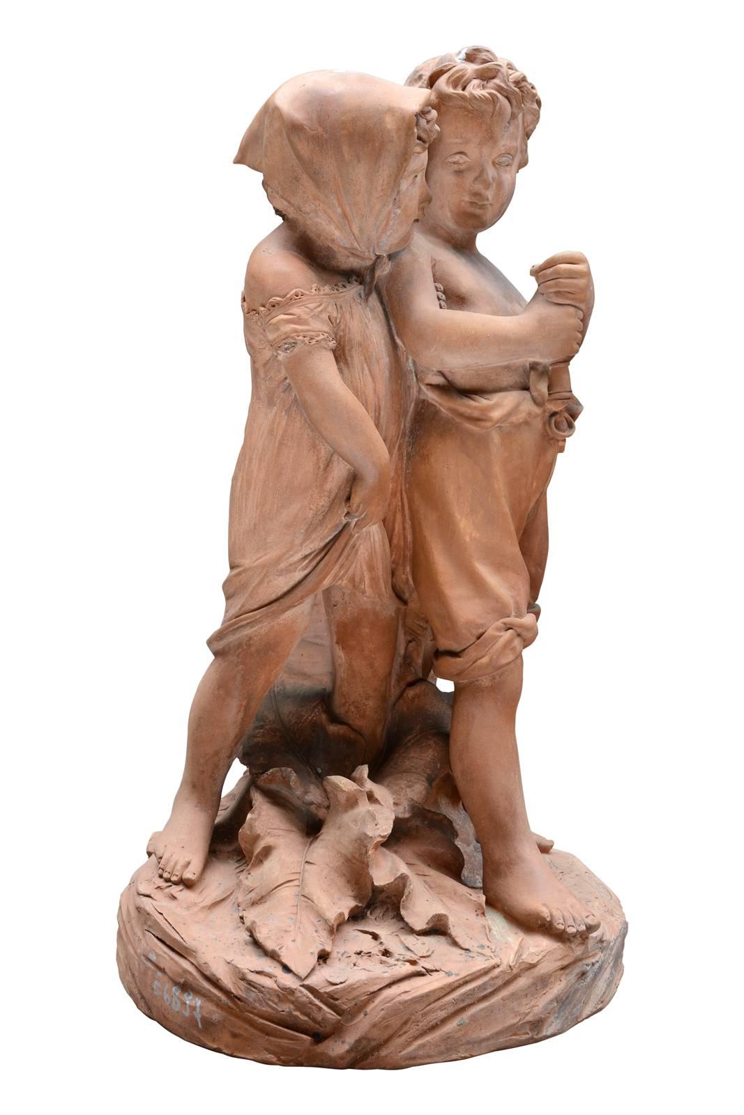 Terracotta Statue Depicting Two Children, 19th Century In Good Condition In Richebourg, Yvelines