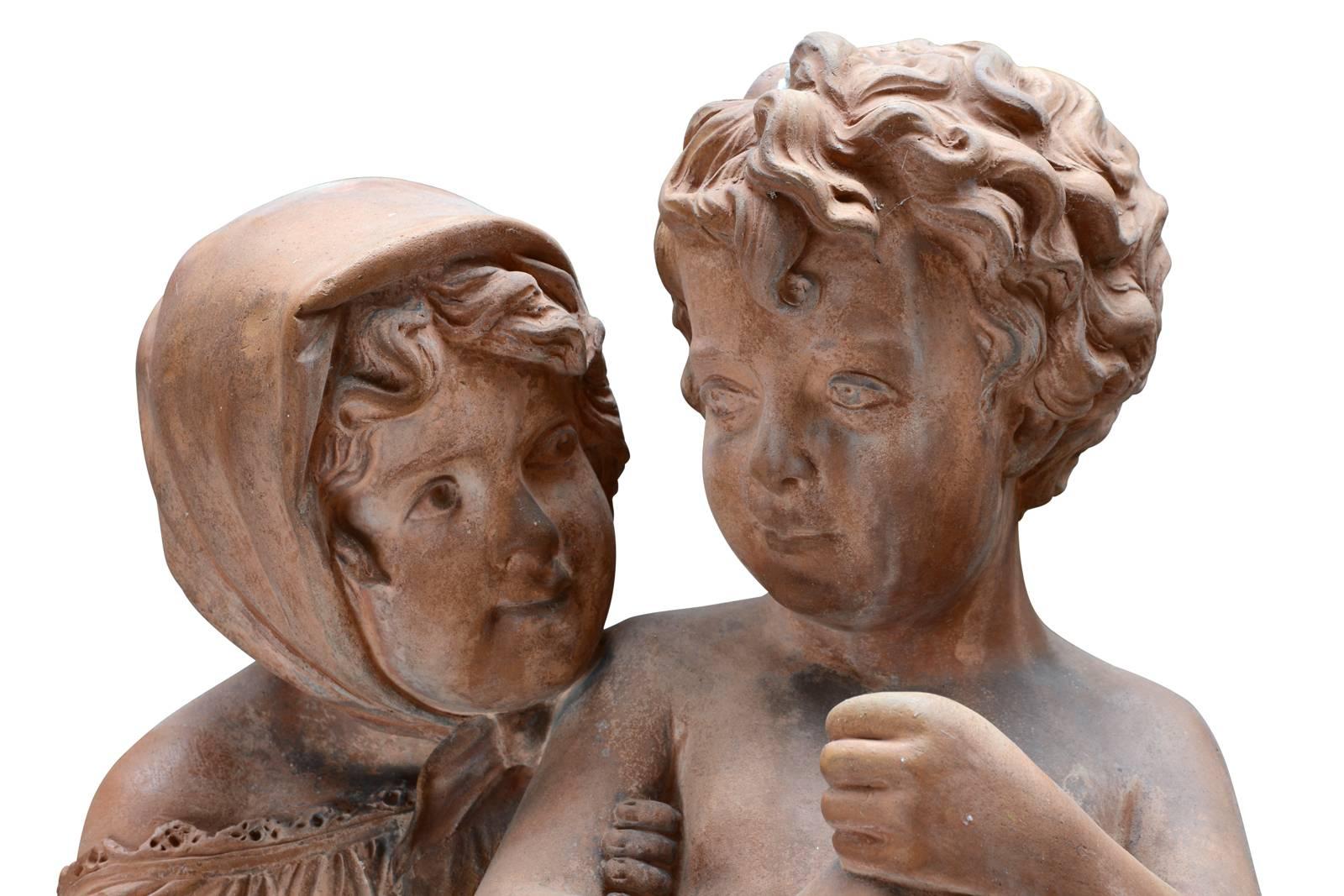 Terracotta Statue Depicting Two Children, 19th Century 1