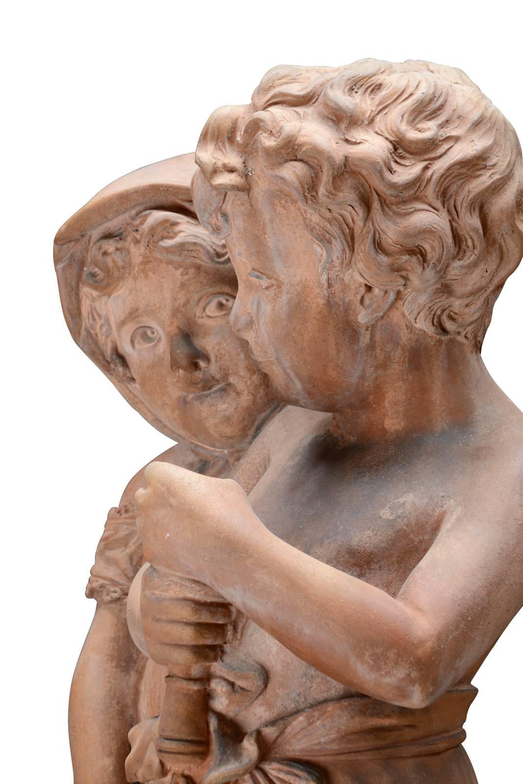 Terracotta Statue Depicting Two Children, 19th Century 3
