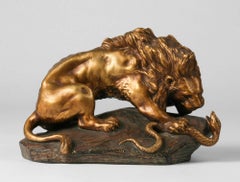 Terracotta Statue Lion Fighting Snake by A. Fagotto, 1920-1930