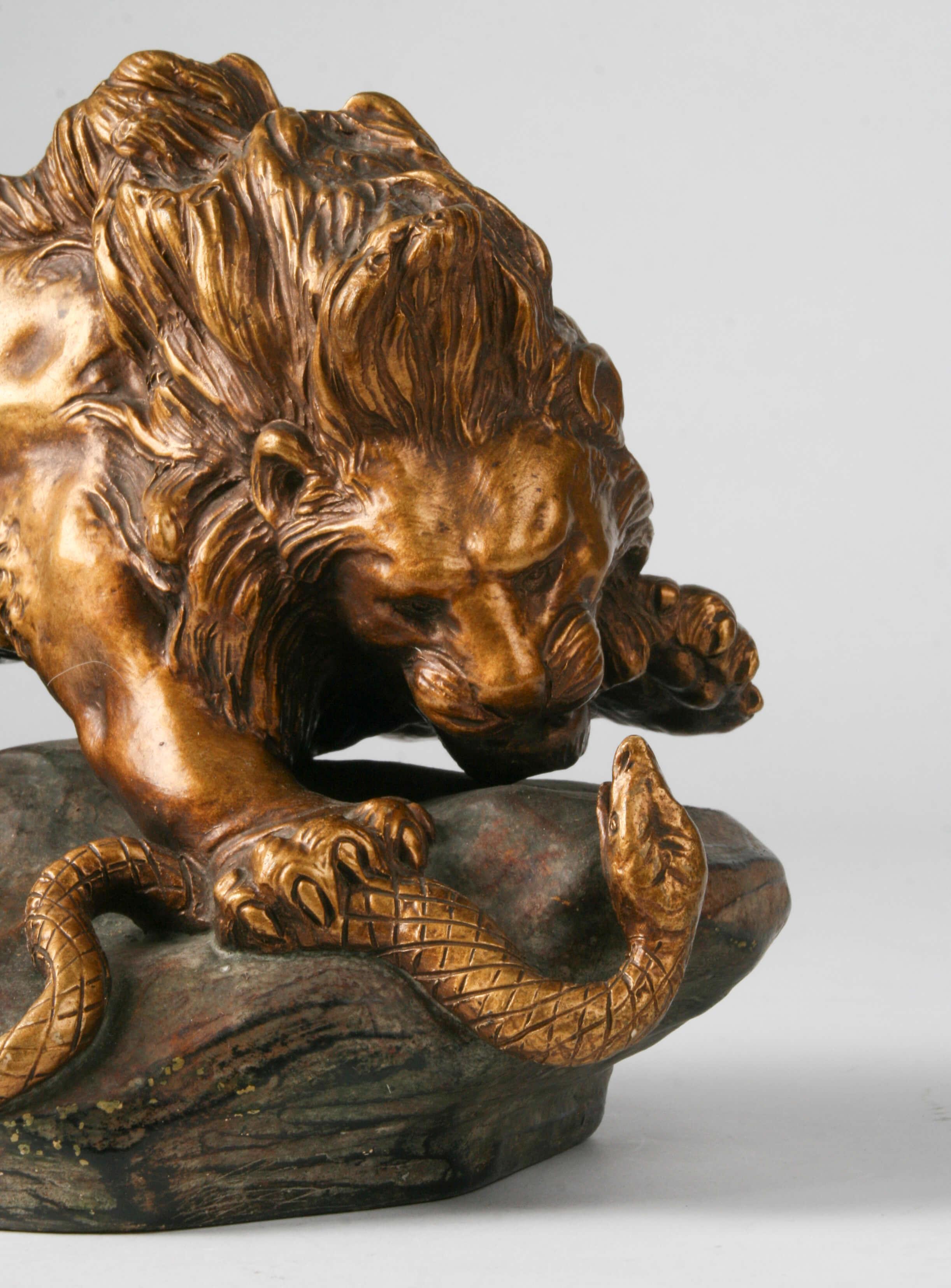 Romantic Terracotta Statue Lion Fighting Snake by A. Fagotto, 1920-1930