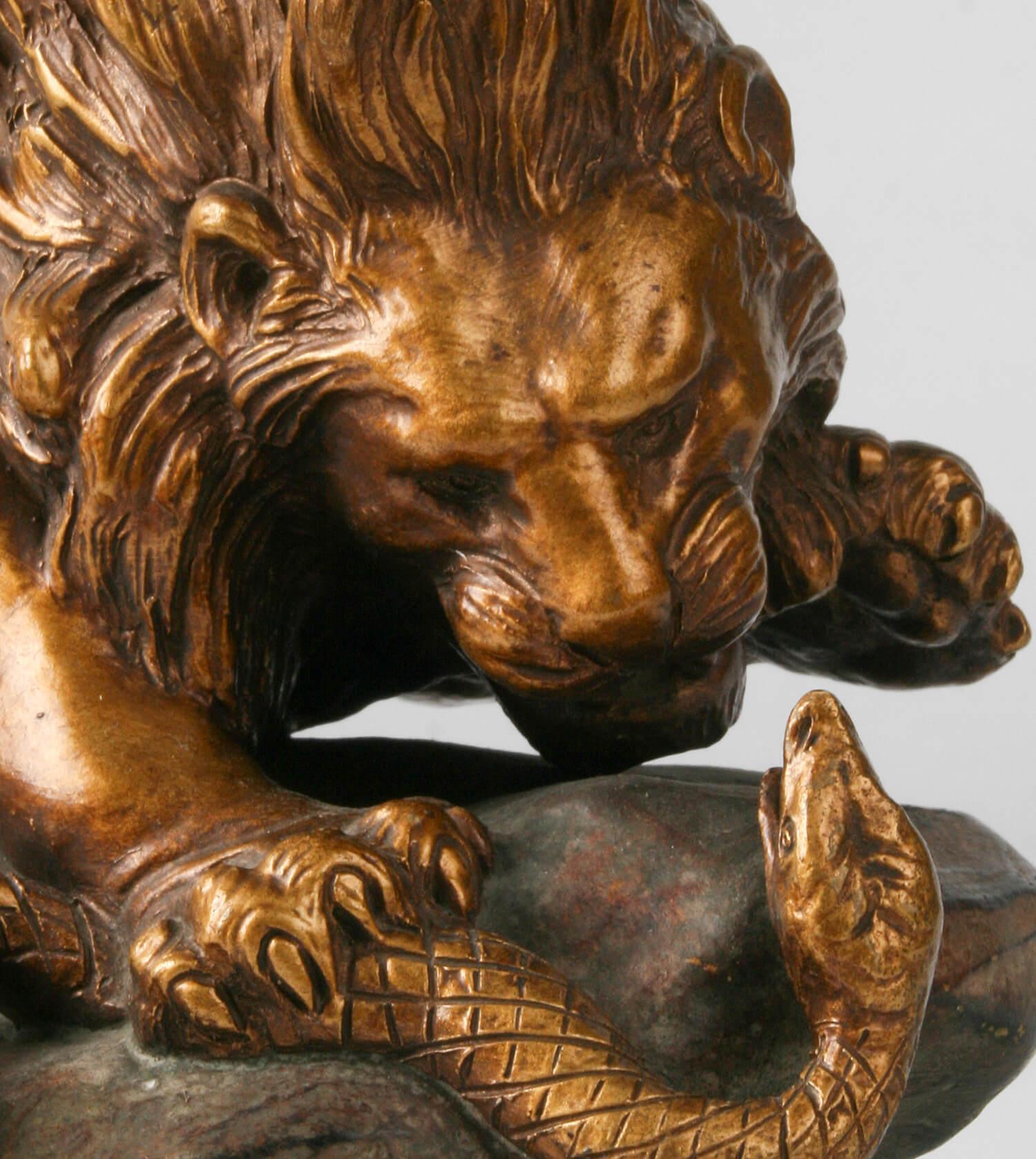 Italian Terracotta Statue Lion Fighting Snake by A. Fagotto, 1920-1930