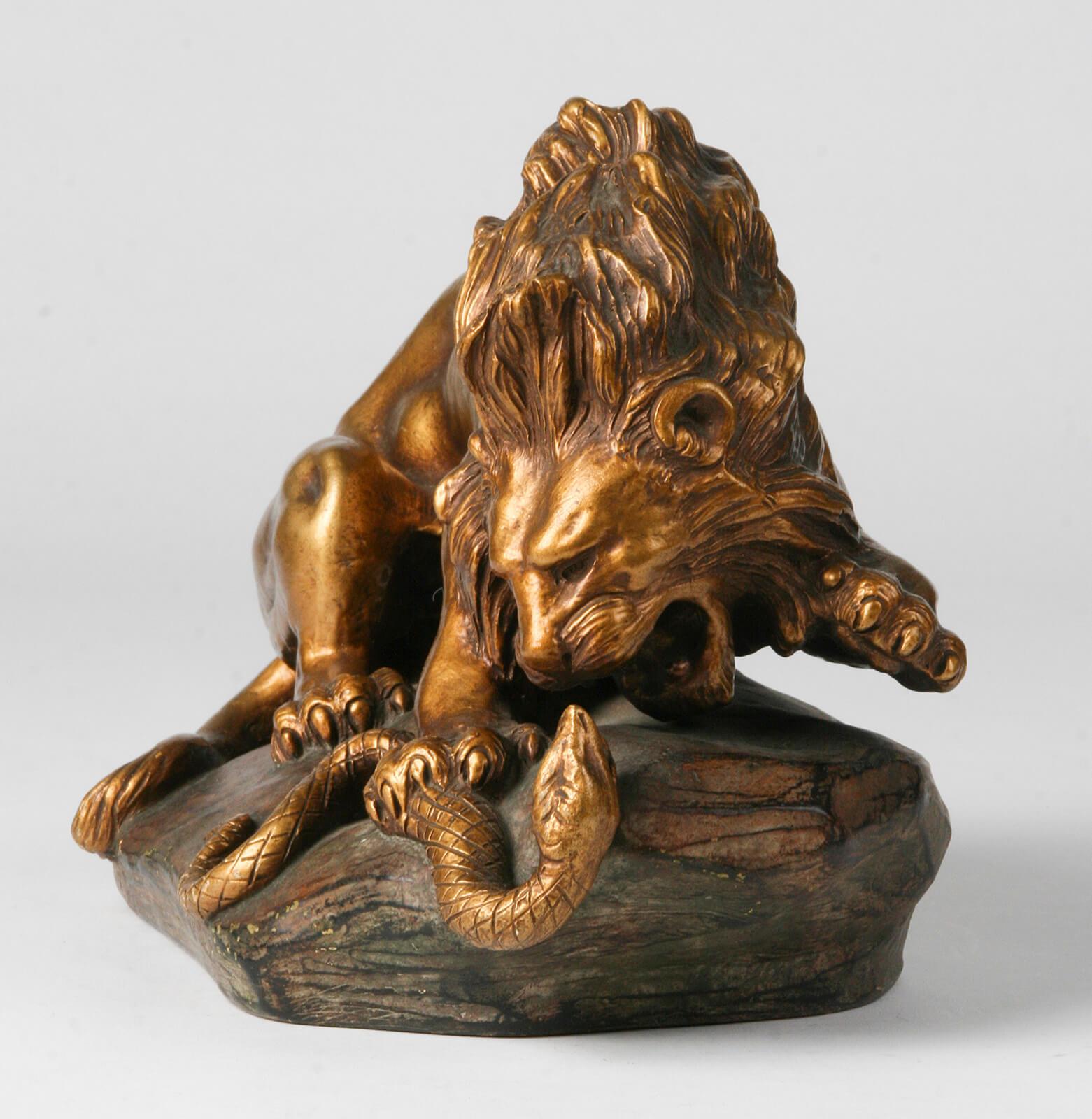 Patinated Terracotta Statue Lion Fighting Snake by A. Fagotto, 1920-1930