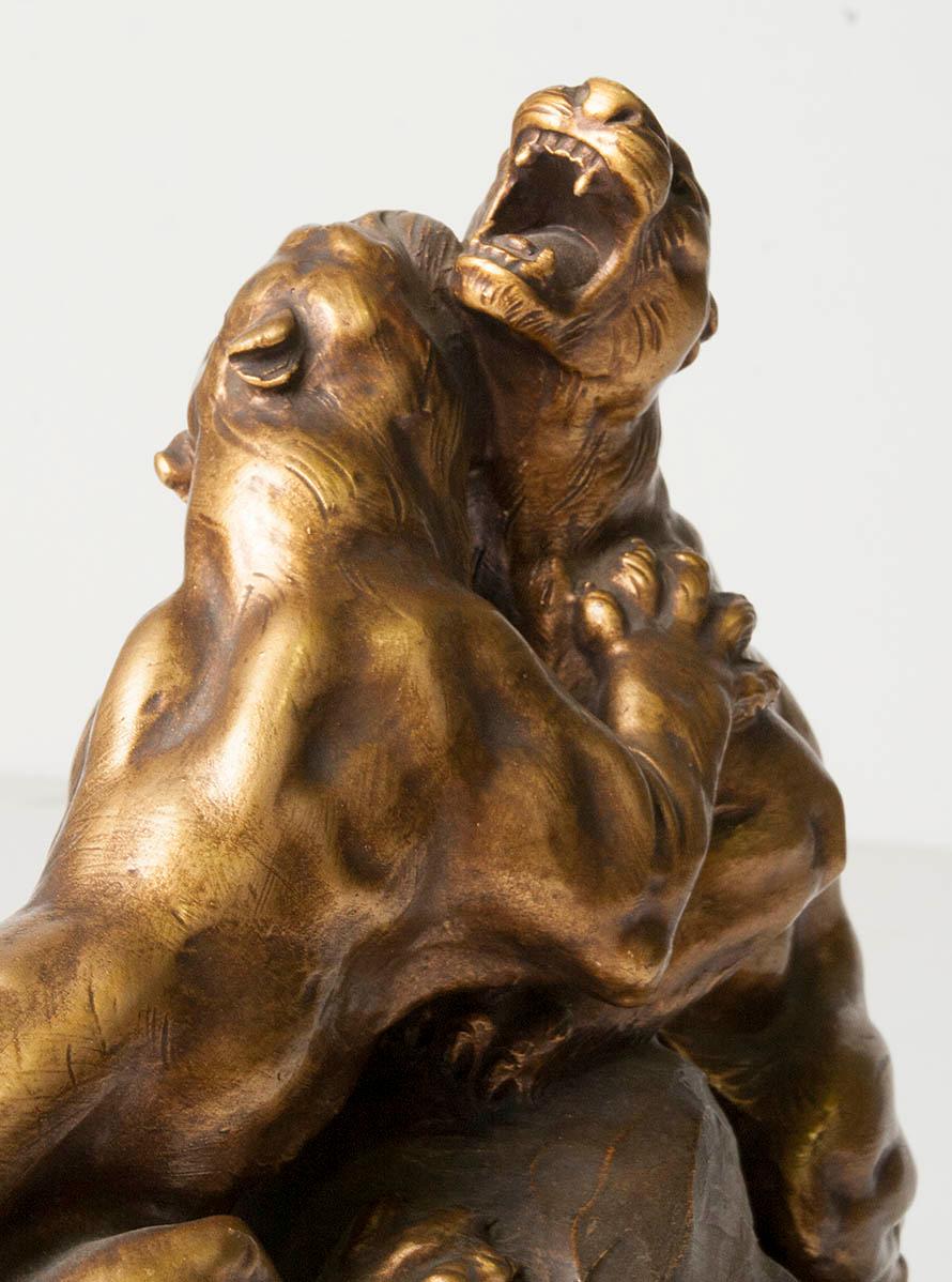 Italian Terracotta Statue of Two Fighting Tigers by H. Fagotto, Early 20th Century