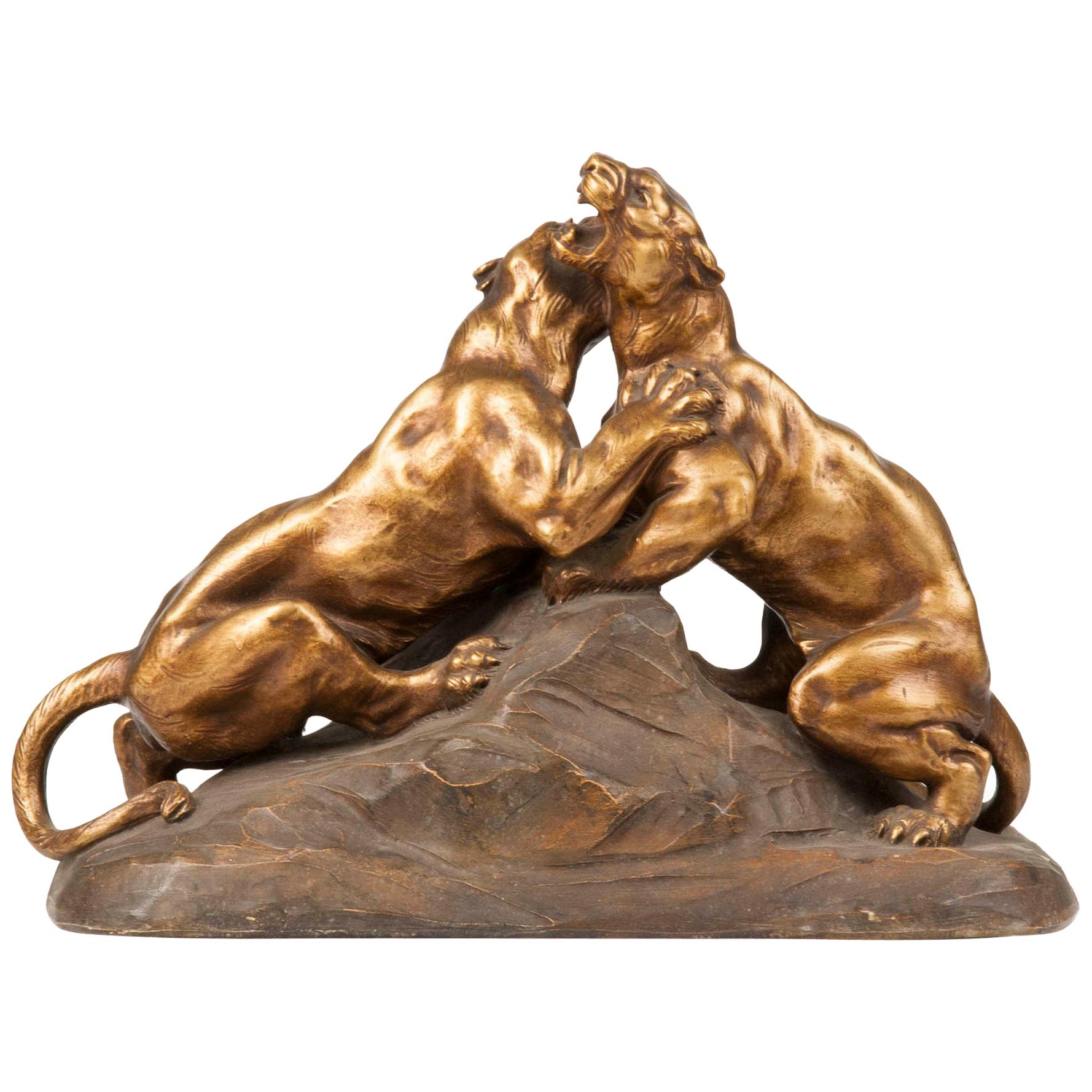 Terracotta Statue of Two Fighting Tigers by H. Fagotto, Early 20th Century