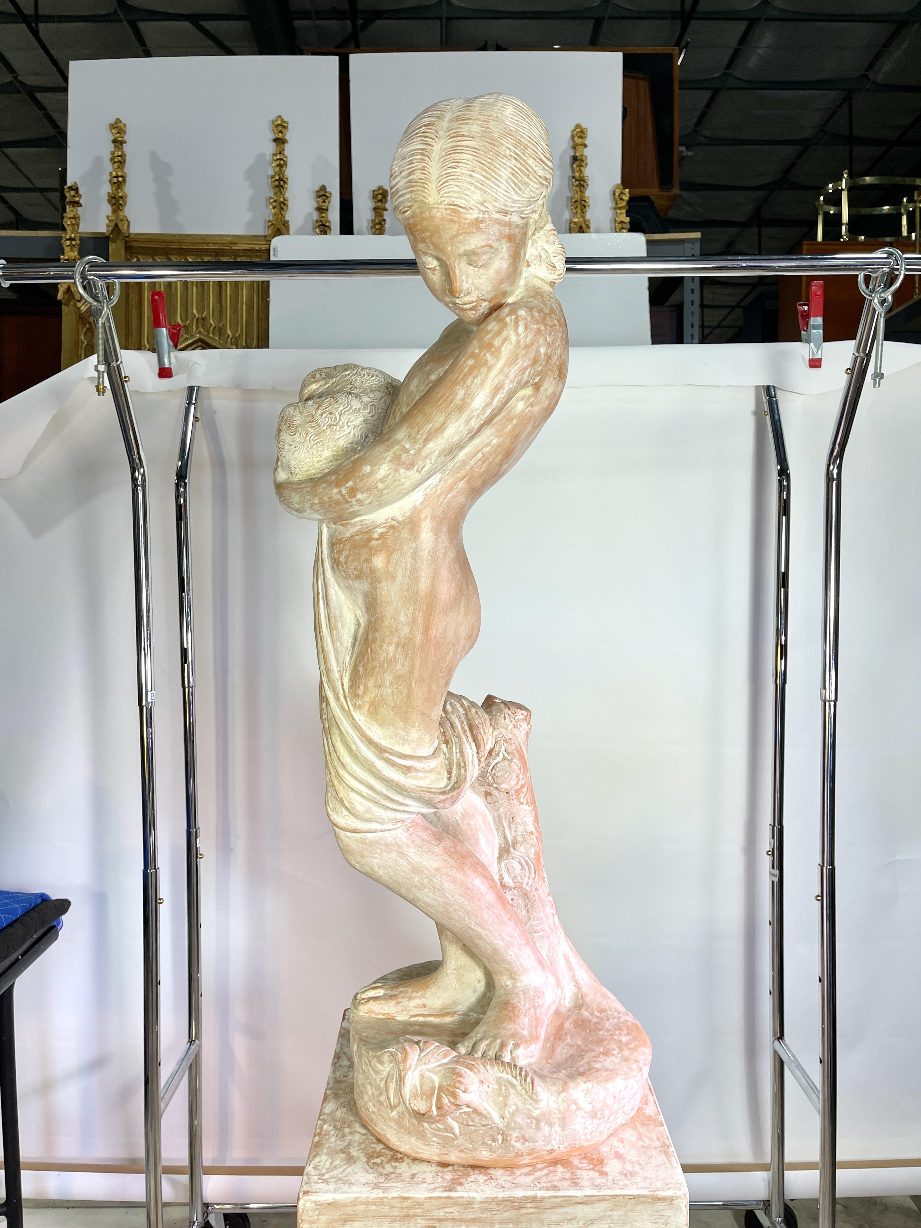Terracotta Statue on Plinth of Girl Protecting Puppy after Odoardo Fantacchiotti For Sale 1