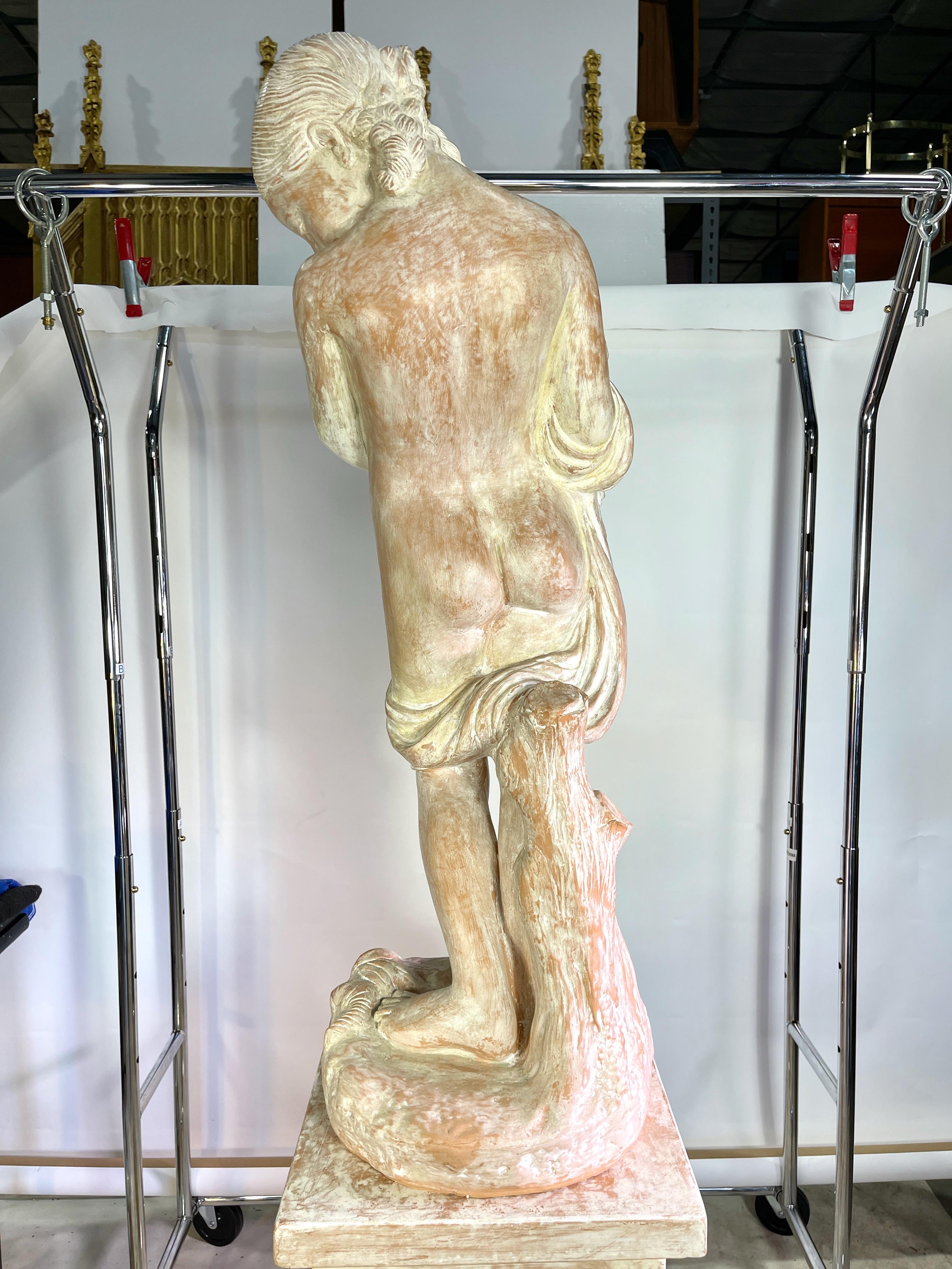 Terracotta Statue on Plinth of Girl Protecting Puppy after Odoardo Fantacchiotti For Sale 2