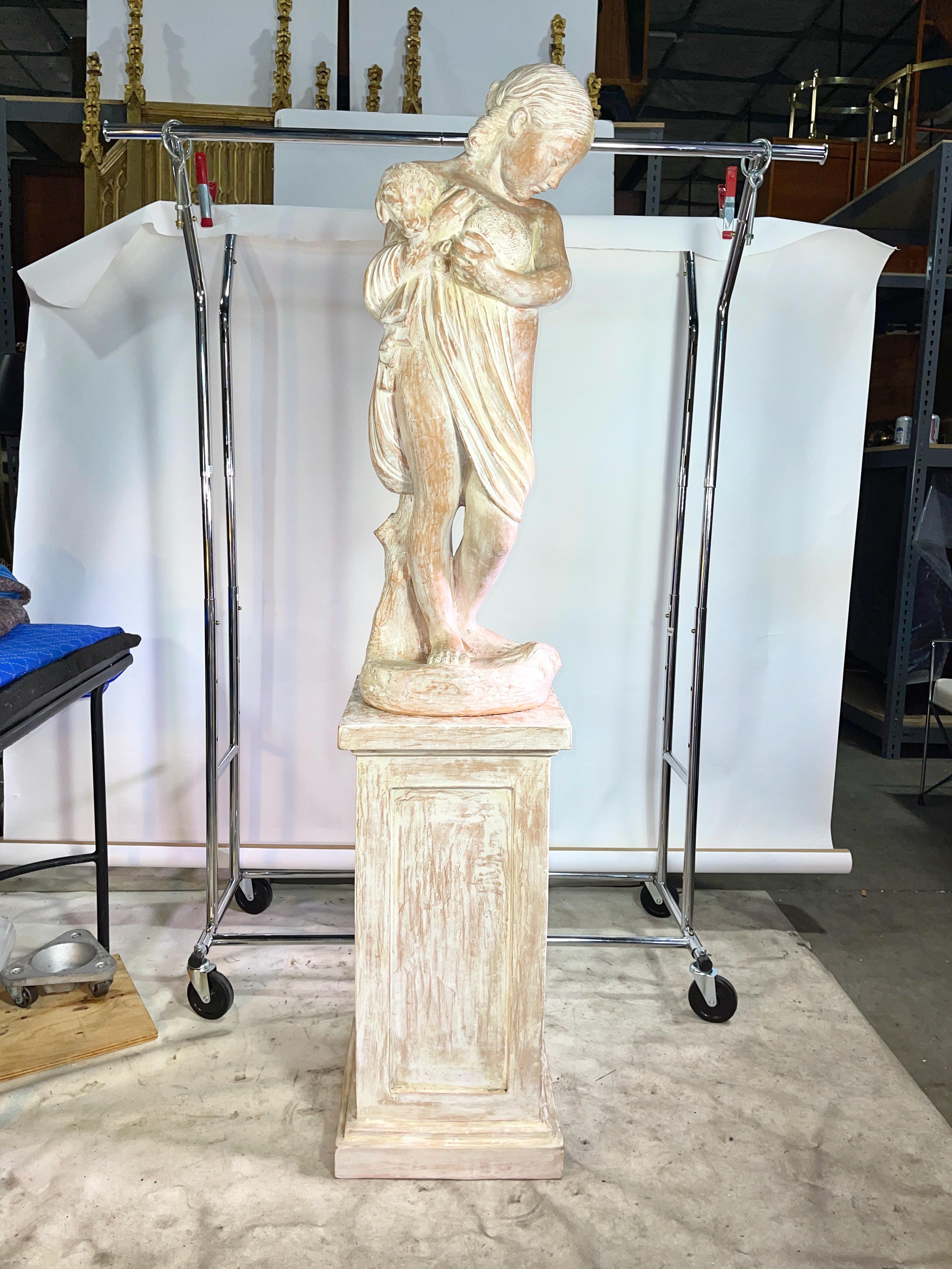 Terracotta Statue on Plinth of Girl Protecting Puppy after Odoardo Fantacchiotti For Sale 7
