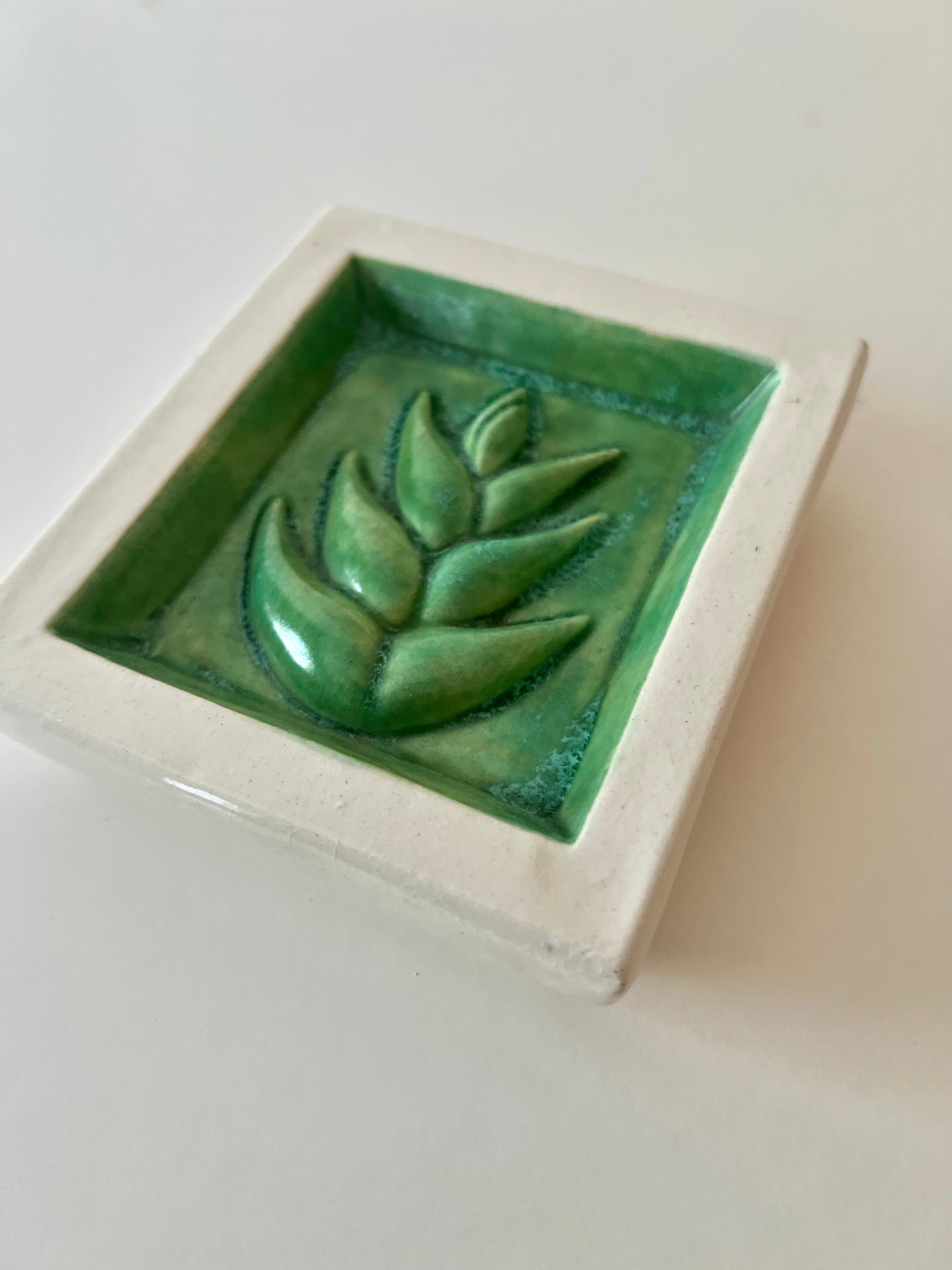 Mid-Century Modern Terracotta Tile Bowl with Green Leaf