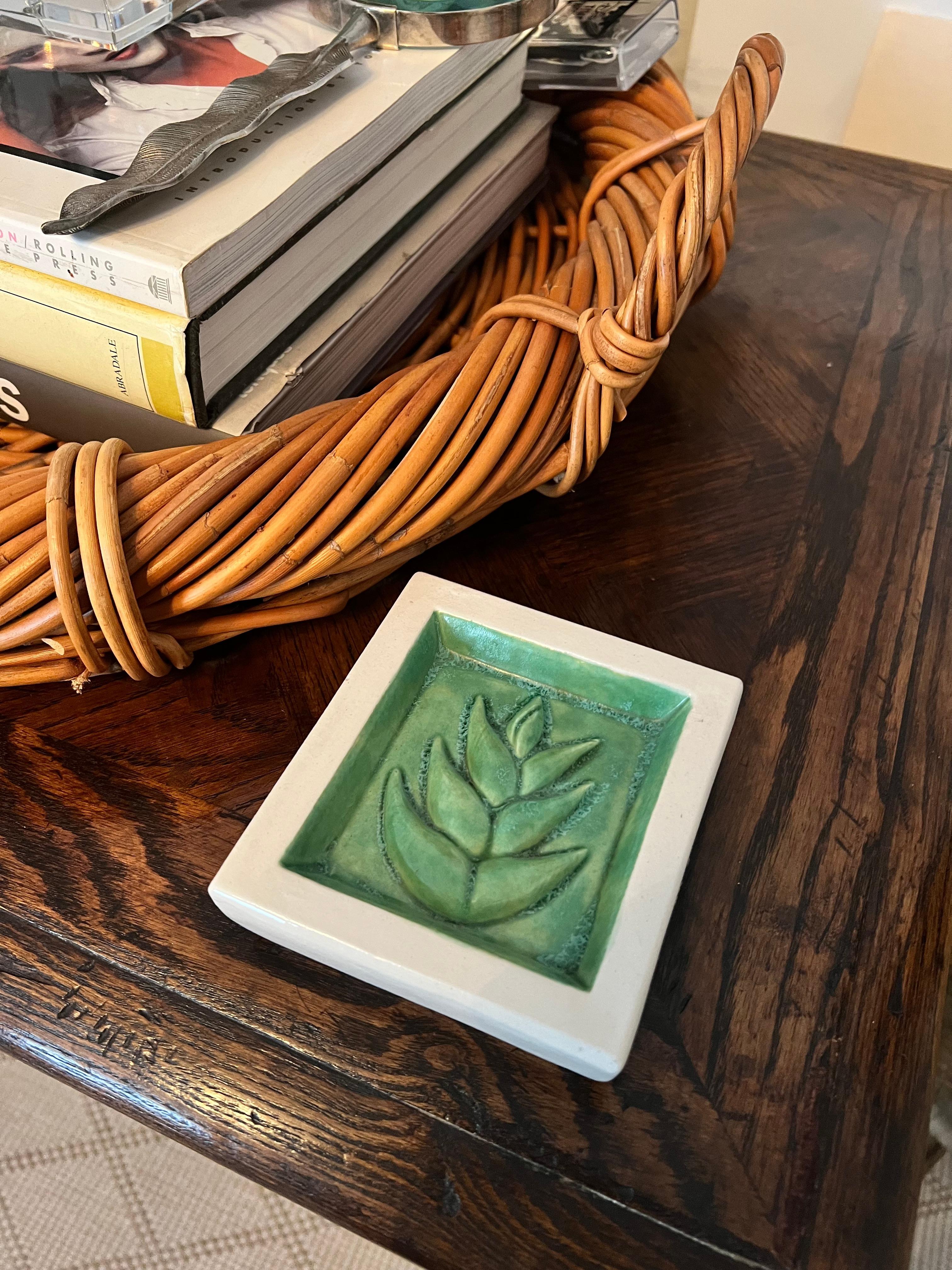 Terracotta Tile Bowl with Green Leaf In Good Condition In Los Angeles, CA