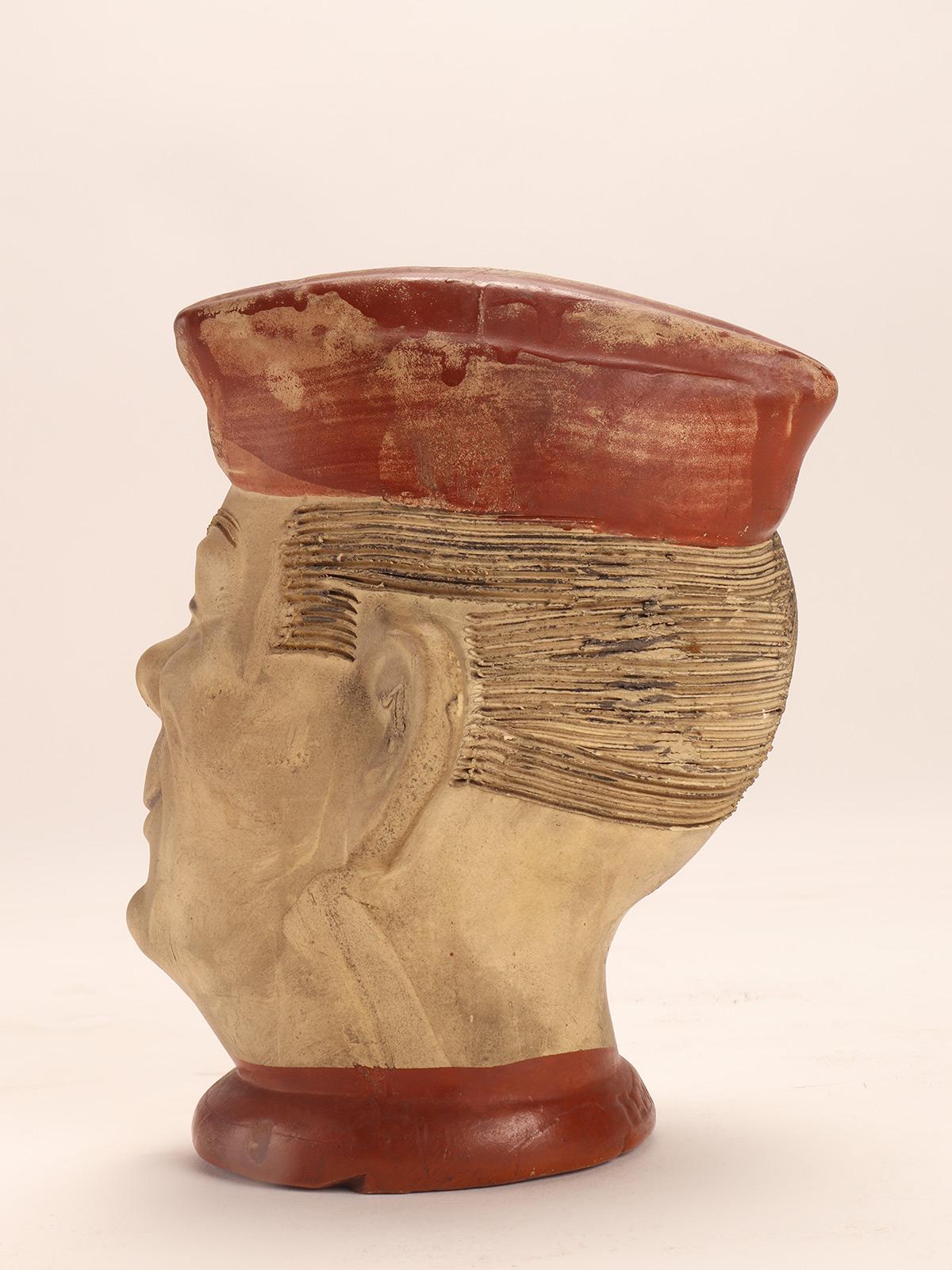 American Terracotta Vase by Elmer, Depicting a Soldier’s Head, Ohio, Usa 1940’s  For Sale
