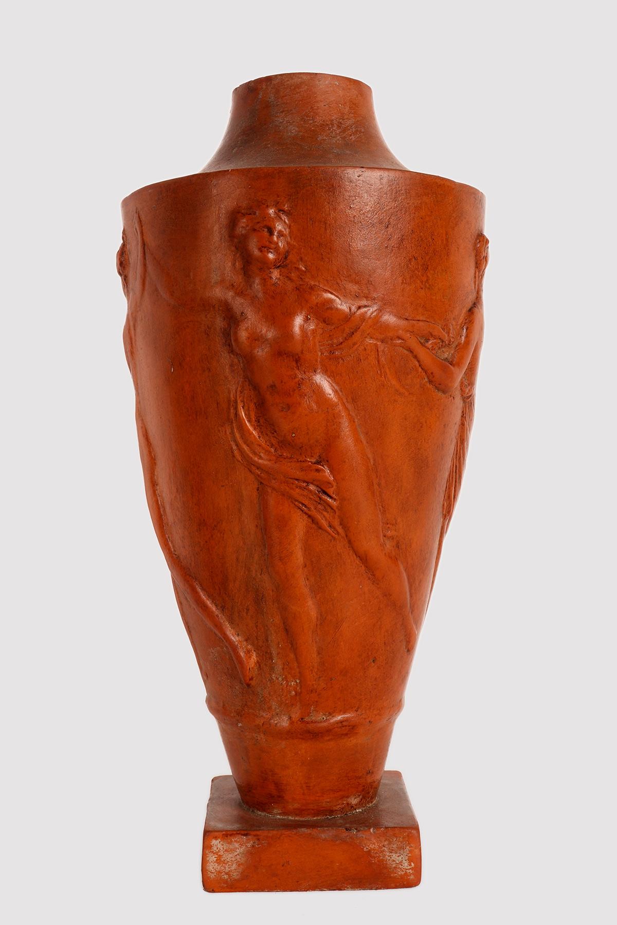 Terracotta vase with square base. Amphora body. In relief a procession of satyrs and Dionysian maenads (Thiasos). France circa 1920.