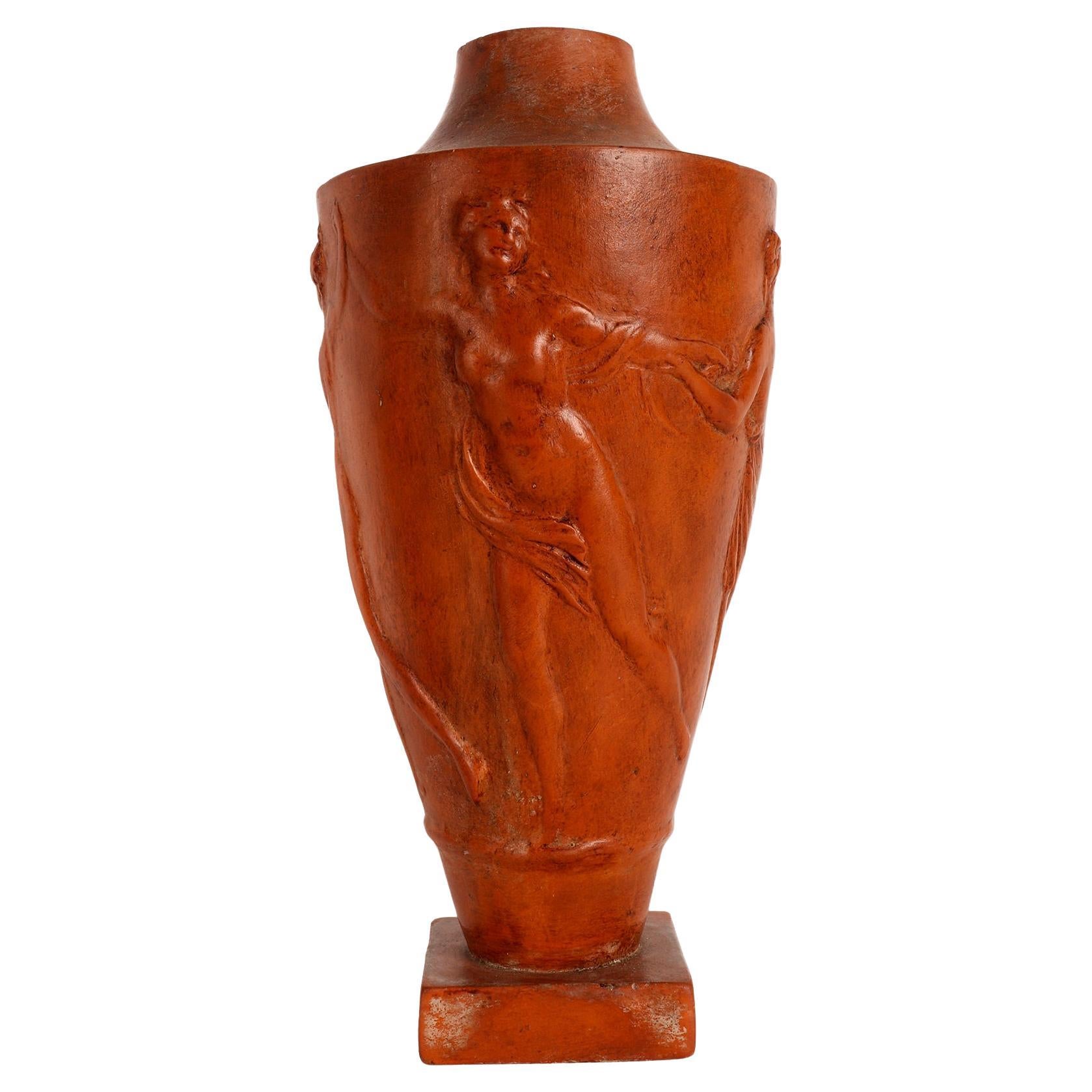 Terracotta vase depicting in relief satyrs and maenads, France 1920. en venta