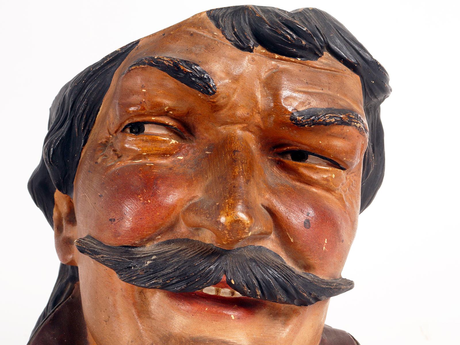Terracotta vase depicting the head of a man with mustache, Austria 1890. For Sale 2