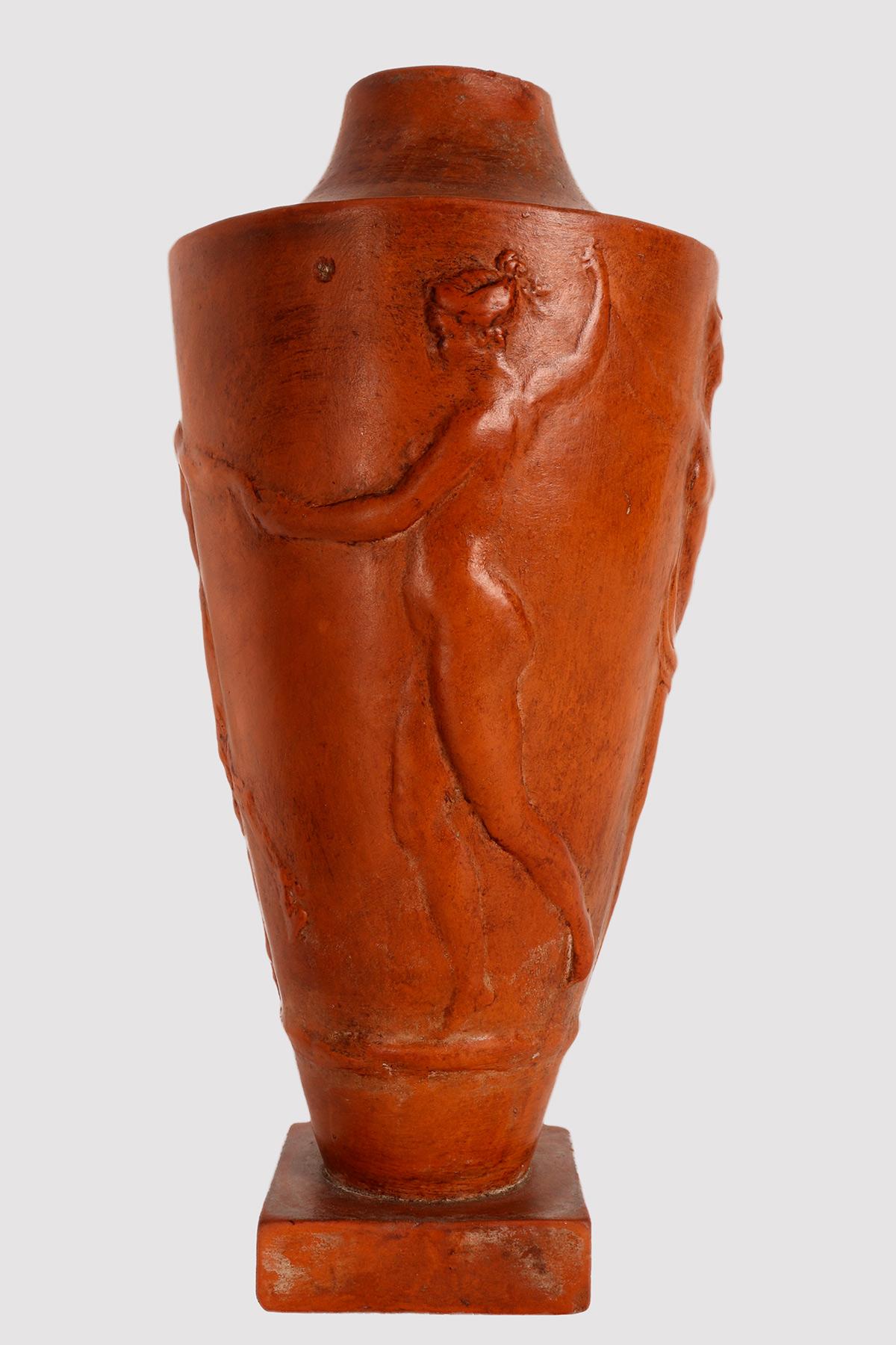 French Terracotta vase with satyrs and maenads, France 1920 For Sale