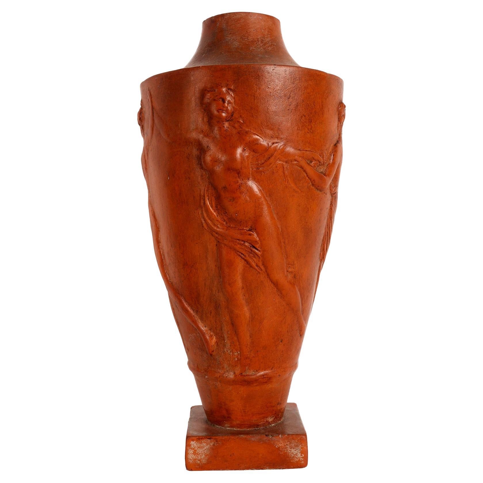 Terracotta vase with satyrs and maenads, France 1920 For Sale
