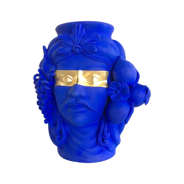 Yves Klein Blue and Gold terracotta vase, designed by Stefania Boemi For Sale at 1stdibs