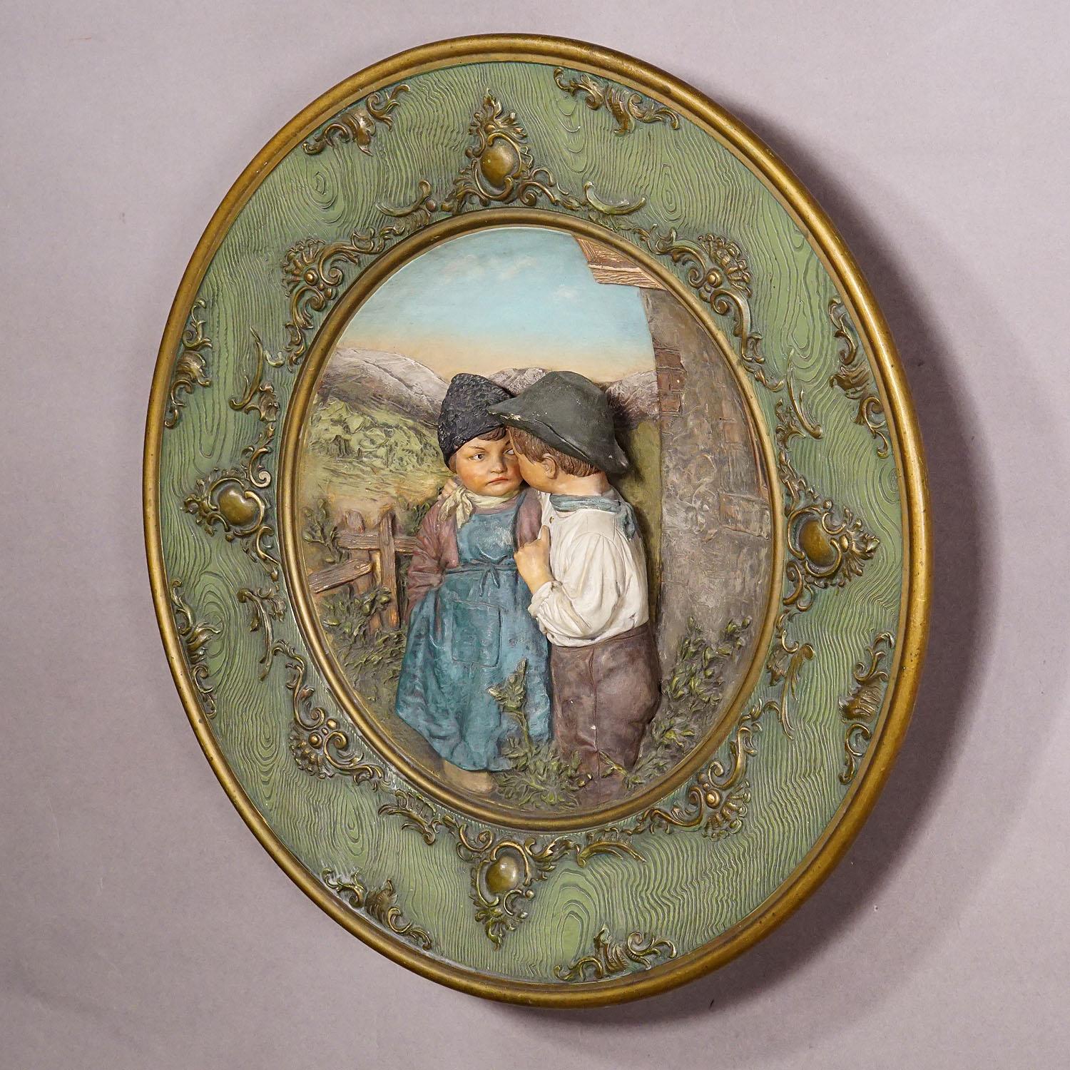 Country Terracotta Wall Plate with Lovely Children in Traditional Costumes by Johann Mar For Sale