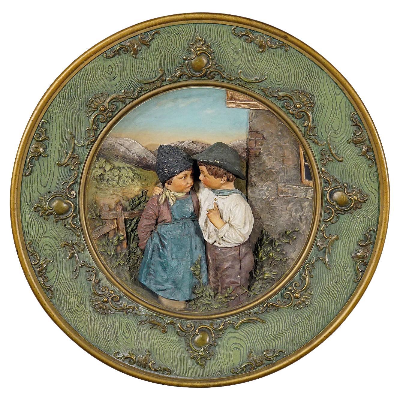 Terracotta Wall Plate with Lovely Children in Traditional Costumes by Johann Mar For Sale